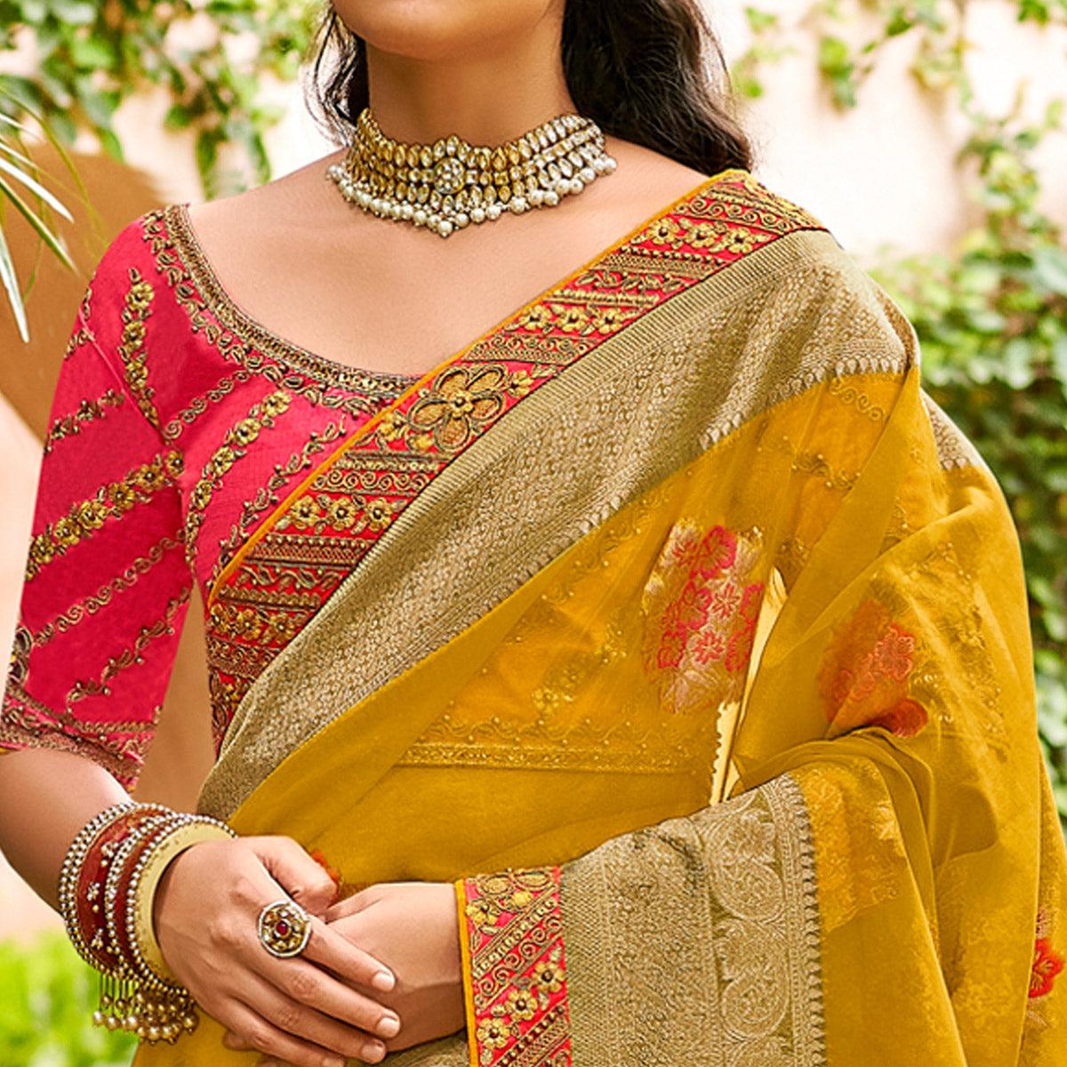 Mustard Festive Wear Woven & Embroidered Organza Saree - Peachmode