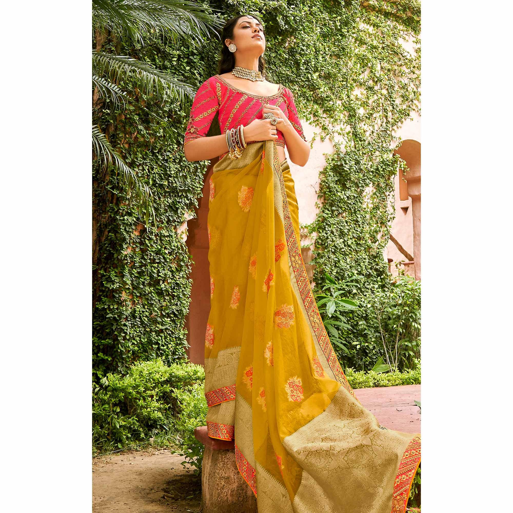 Mustard Festive Wear Woven & Embroidered Organza Saree - Peachmode