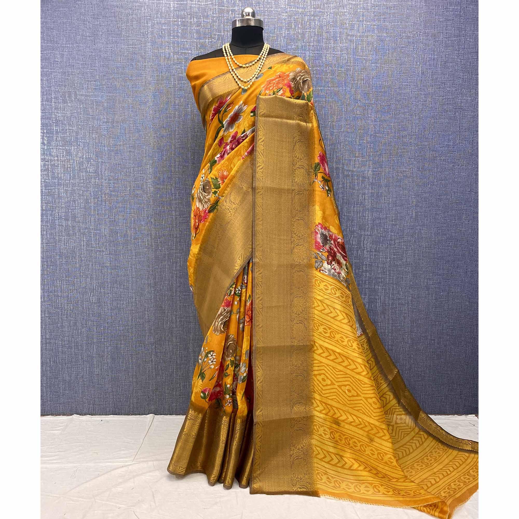 Mustard Festive Wear Woven & Printed Chanderi Silk Saree - Peachmode