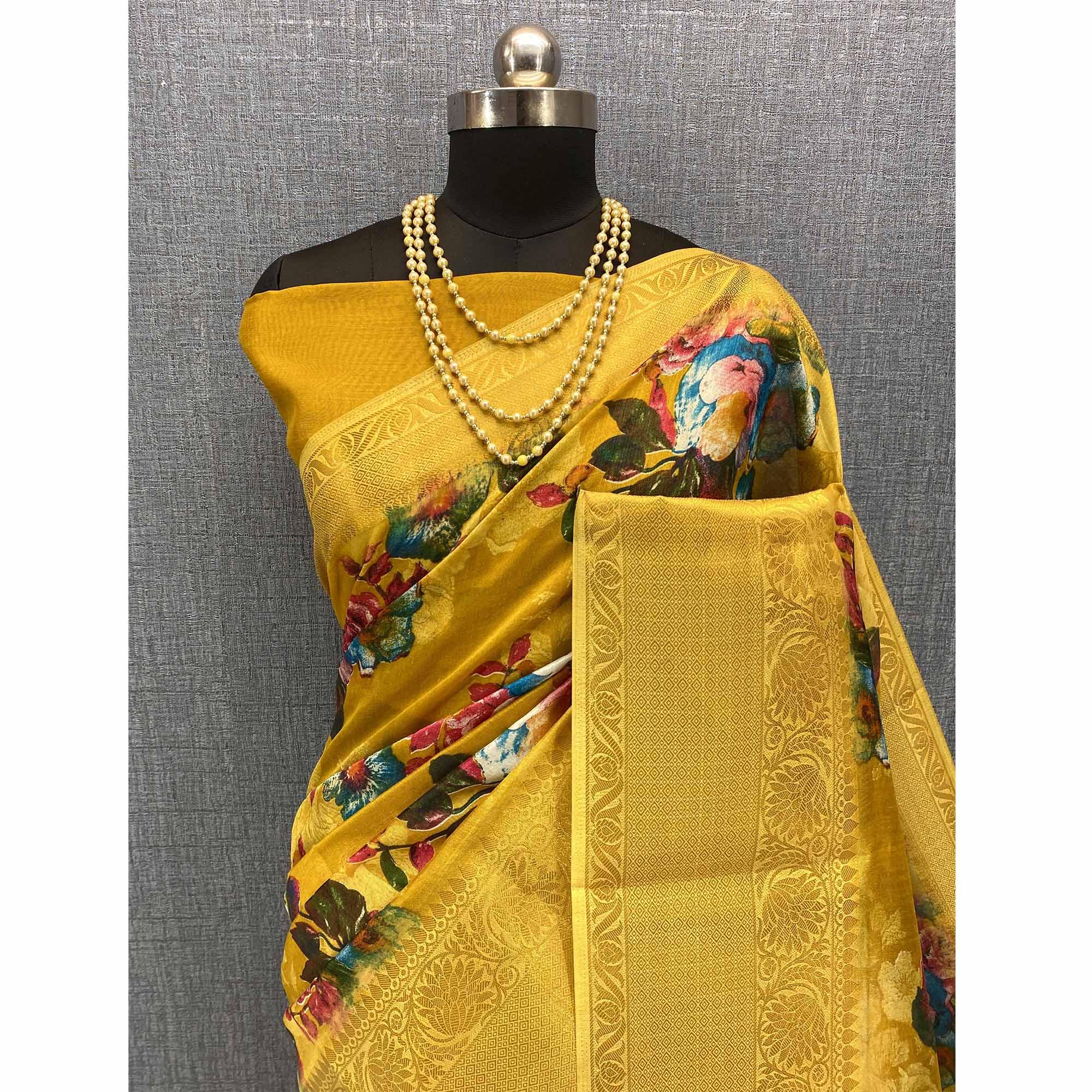 Mustard Festive Wear Woven & Printed Chanderi Silk Saree - Peachmode