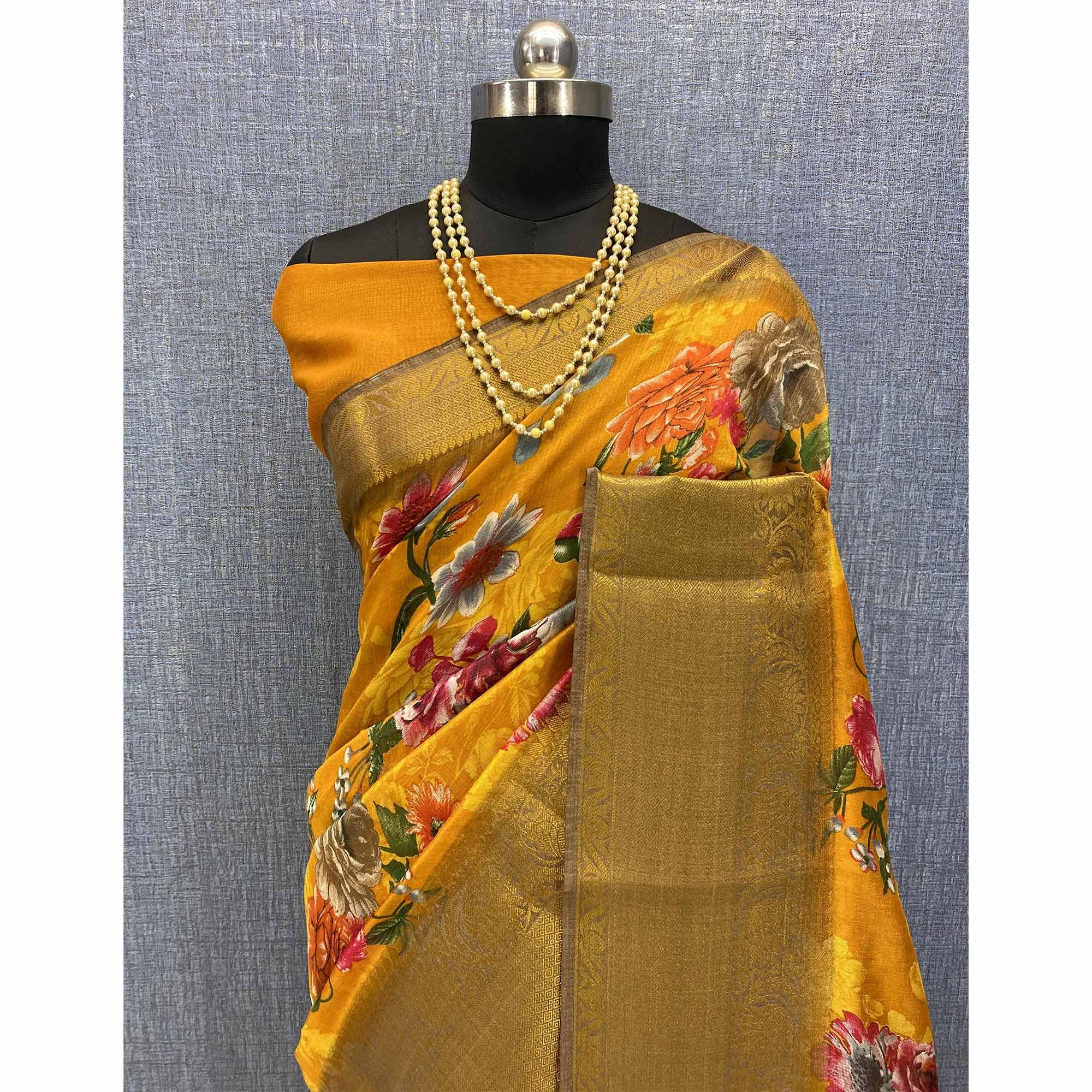 Mustard Festive Wear Woven & Printed Chanderi Silk Saree - Peachmode