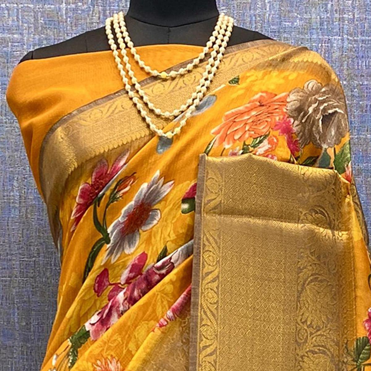 Mustard Festive Wear Woven & Printed Chanderi Silk Saree - Peachmode