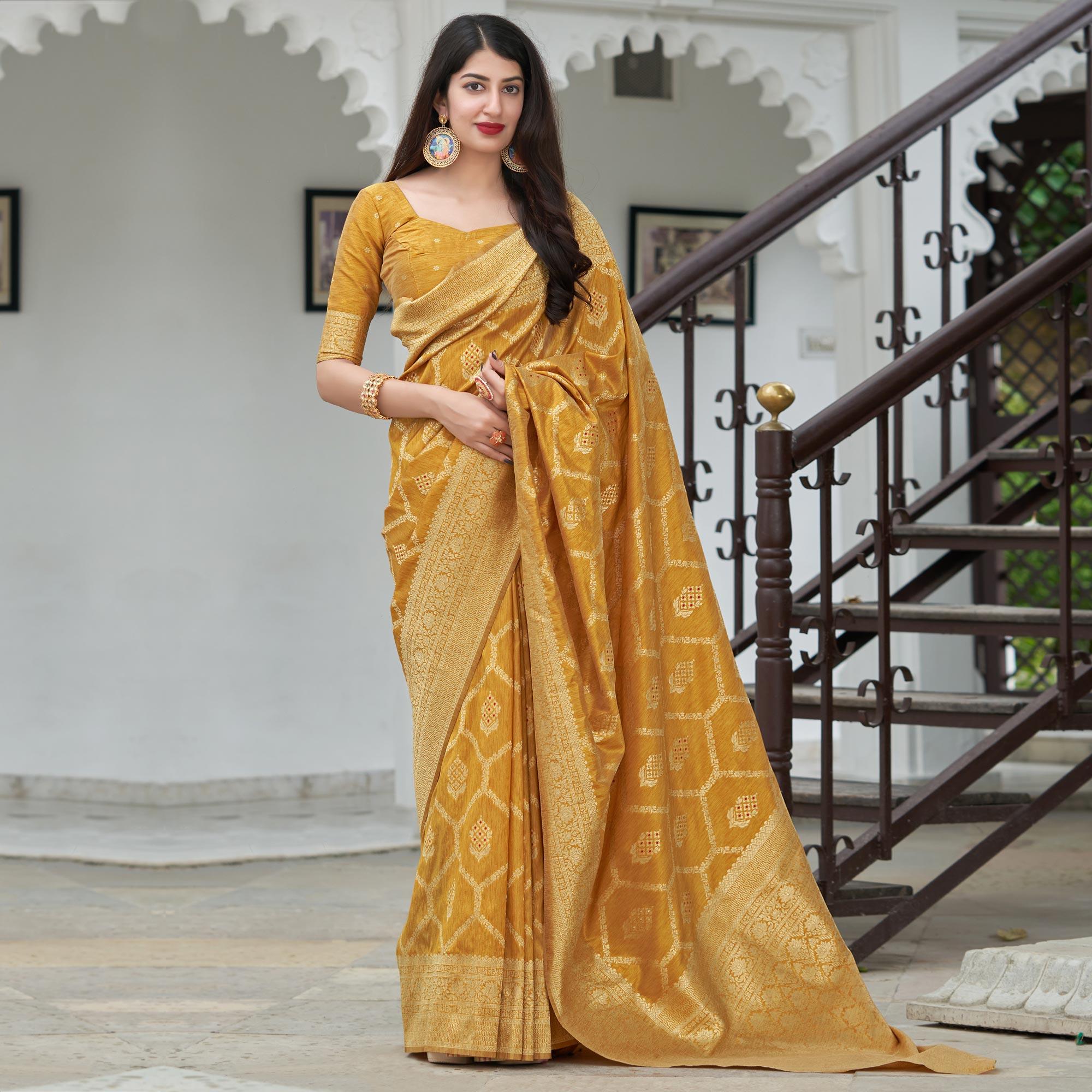 Mustard Festive Wear Woven Banarasi Art Silk Saree - Peachmode