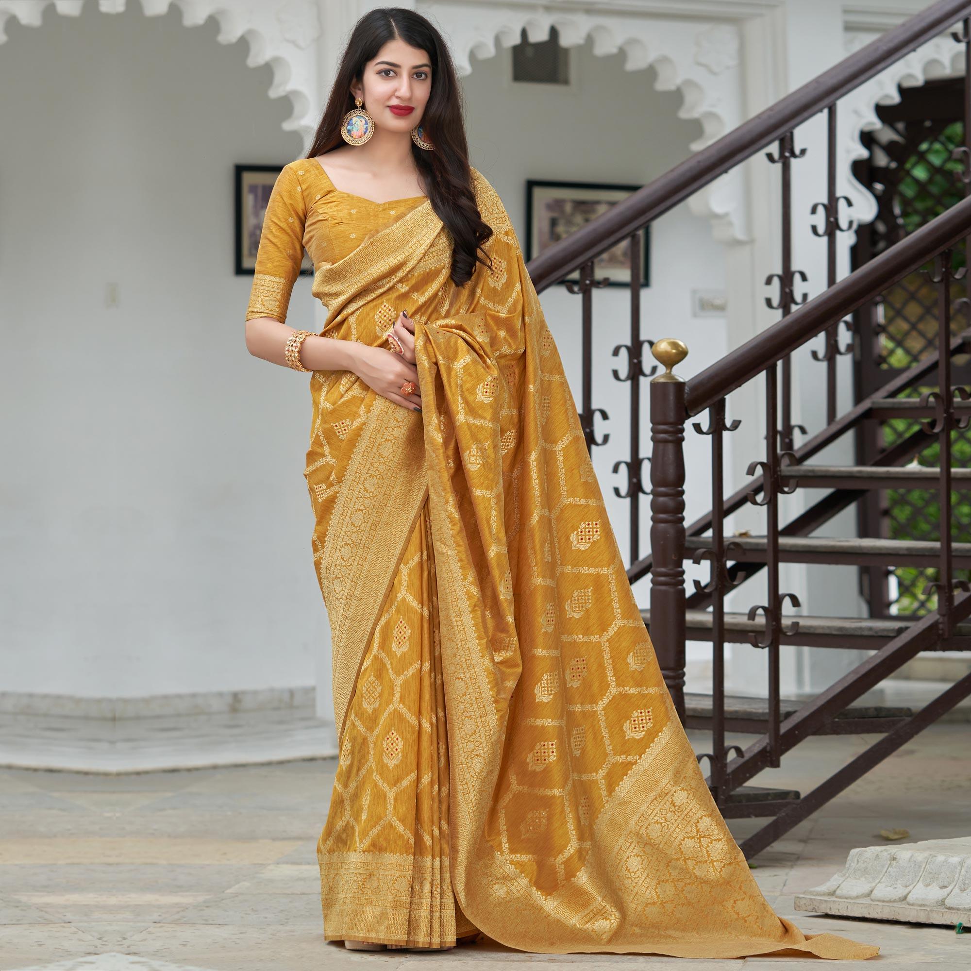 Mustard Festive Wear Woven Banarasi Art Silk Saree - Peachmode