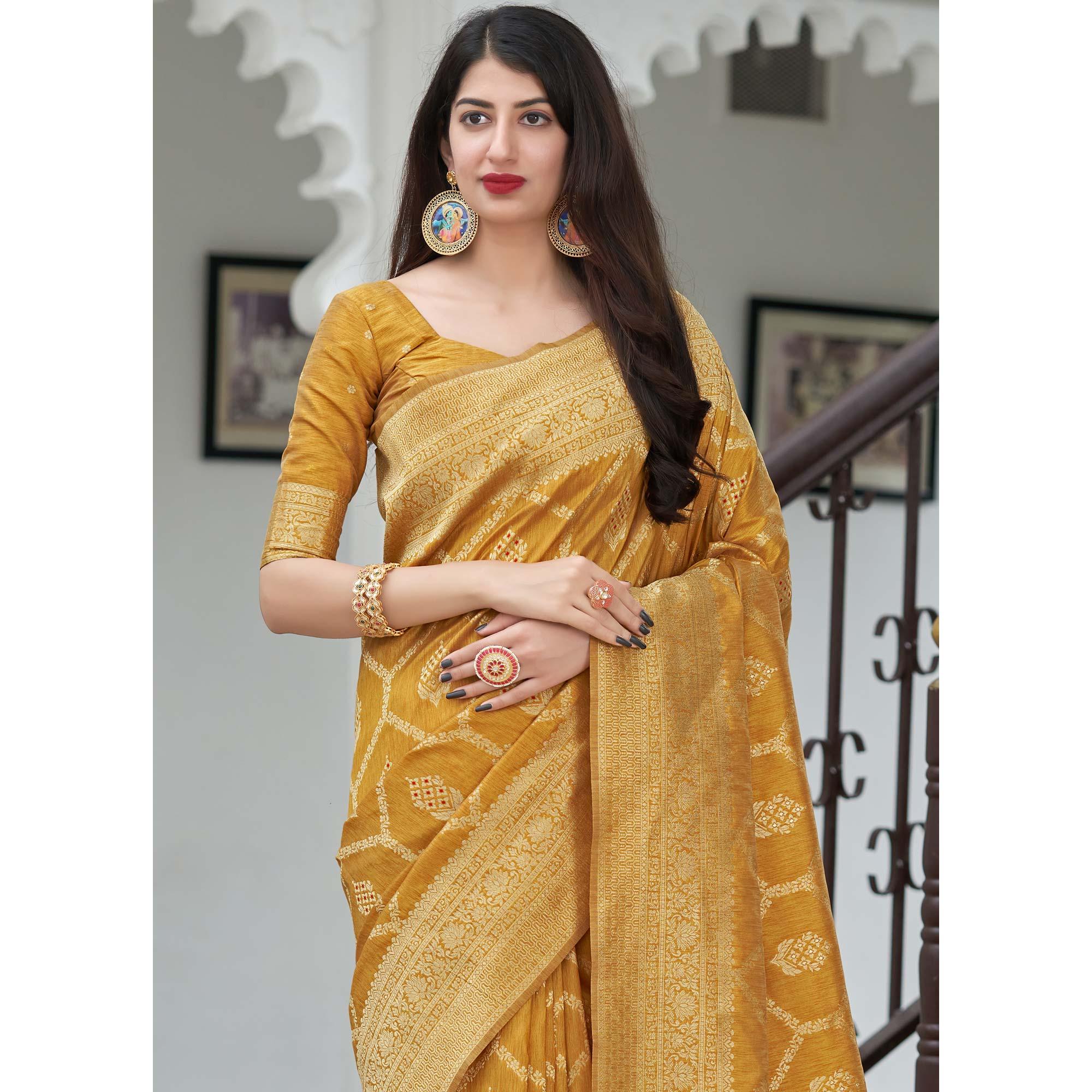 Mustard Festive Wear Woven Banarasi Art Silk Saree - Peachmode