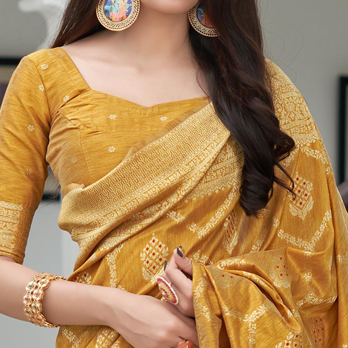 Mustard Festive Wear Woven Banarasi Art Silk Saree - Peachmode