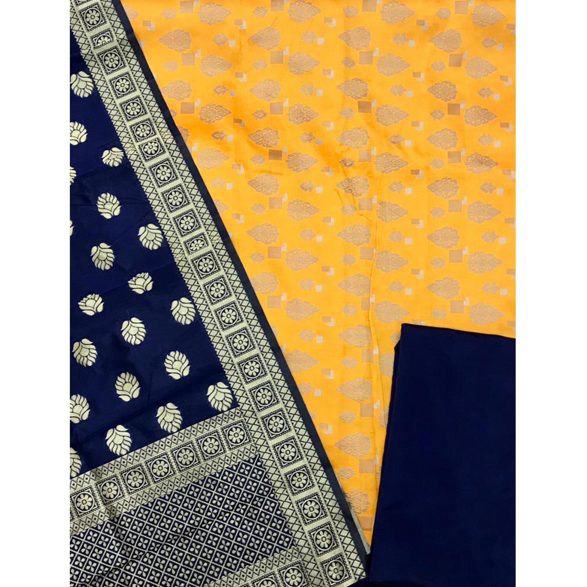 Mustard Festive Wear Woven Banarasi Silk Dress Material - Peachmode
