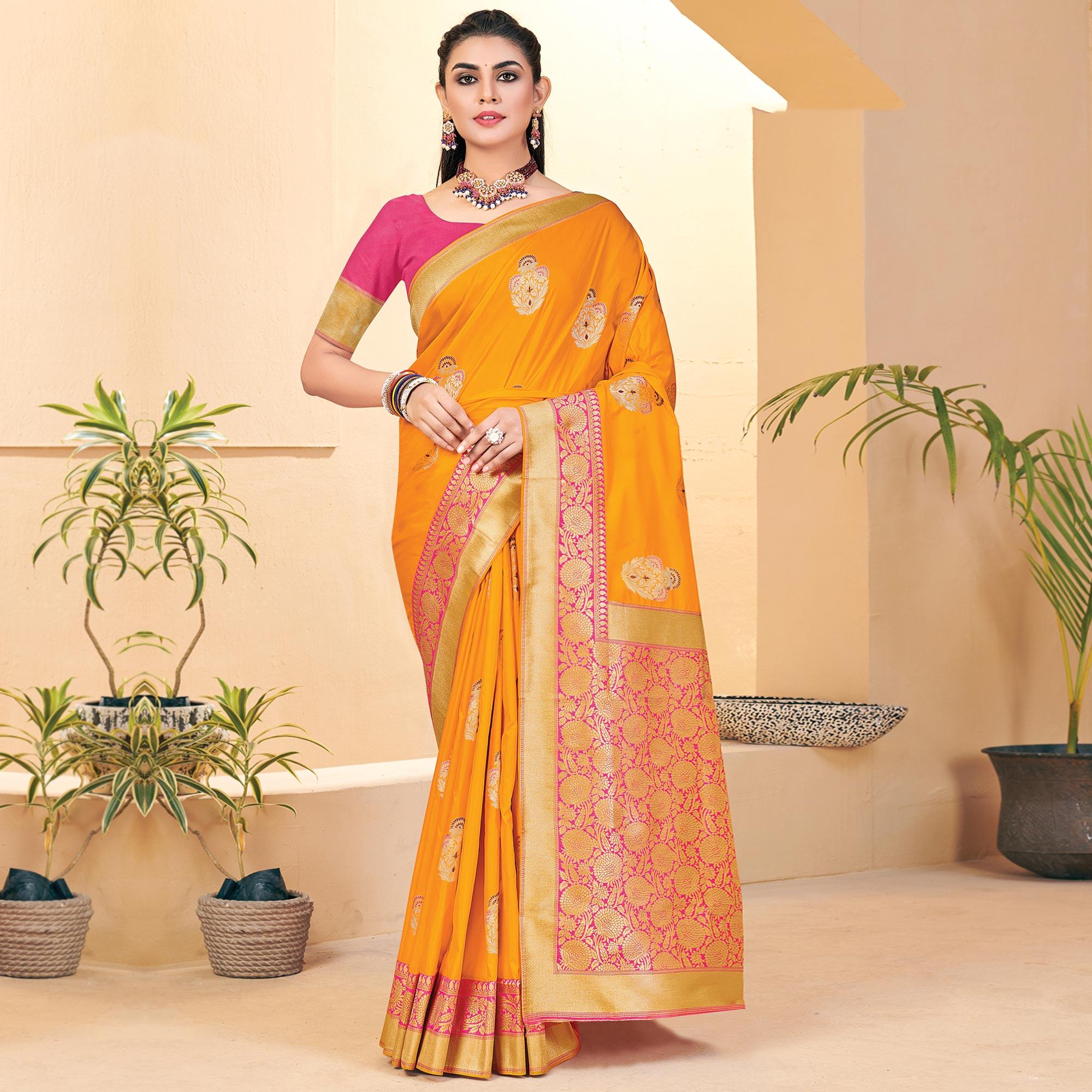 Mustard Festive Wear Woven Banarasi Silk Saree - Peachmode