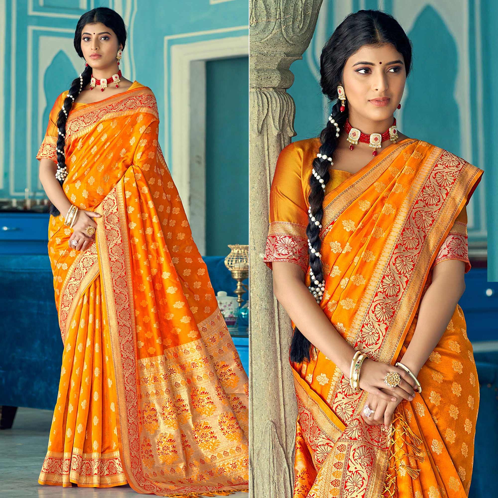 Mustard Festive Wear Woven Banarasi Silk Saree - Peachmode