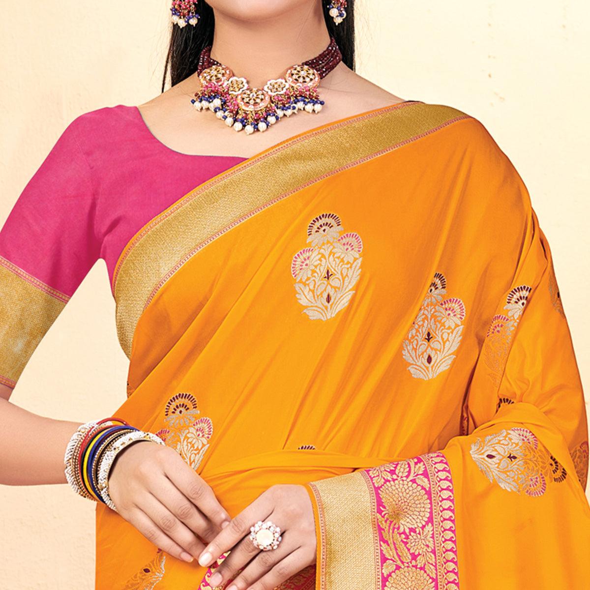 Mustard Festive Wear Woven Banarasi Silk Saree - Peachmode