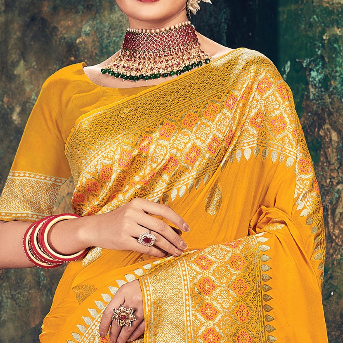 Mustard Festive Wear Woven Banarasi Silk Saree - Peachmode