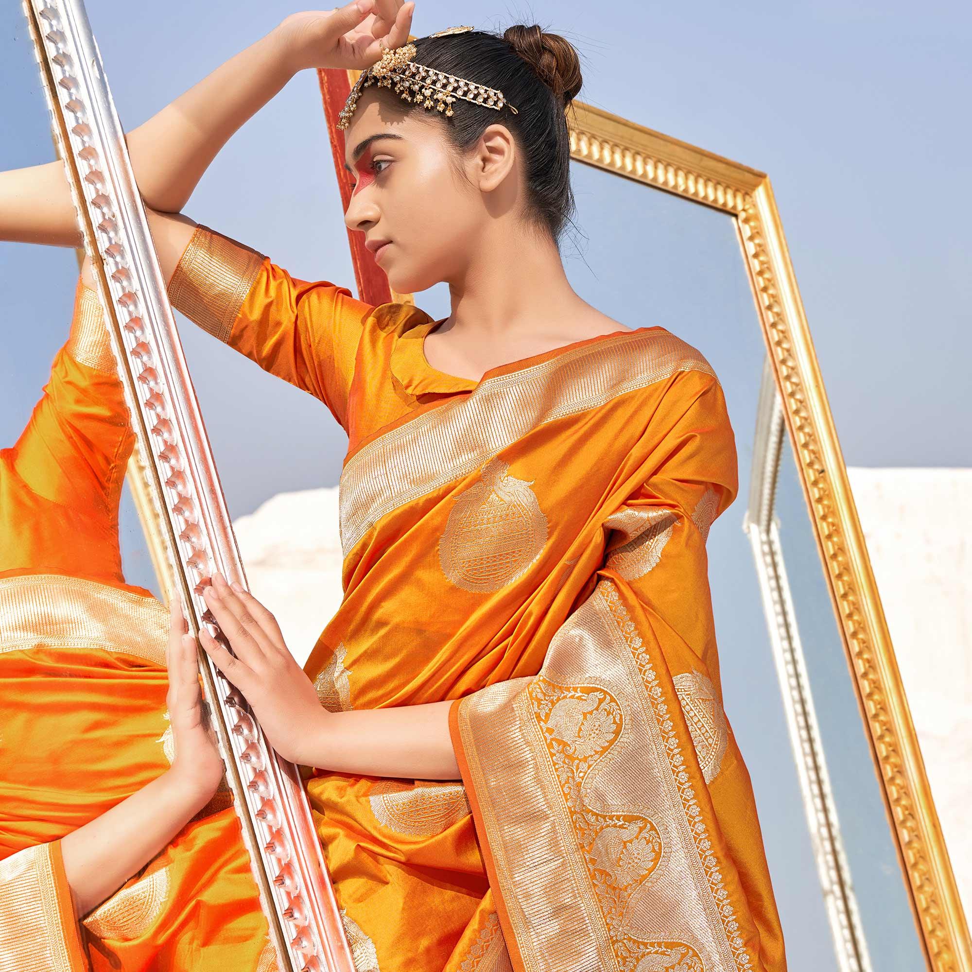 Mustard Festive Wear Woven Banarasi Silk Saree - Peachmode