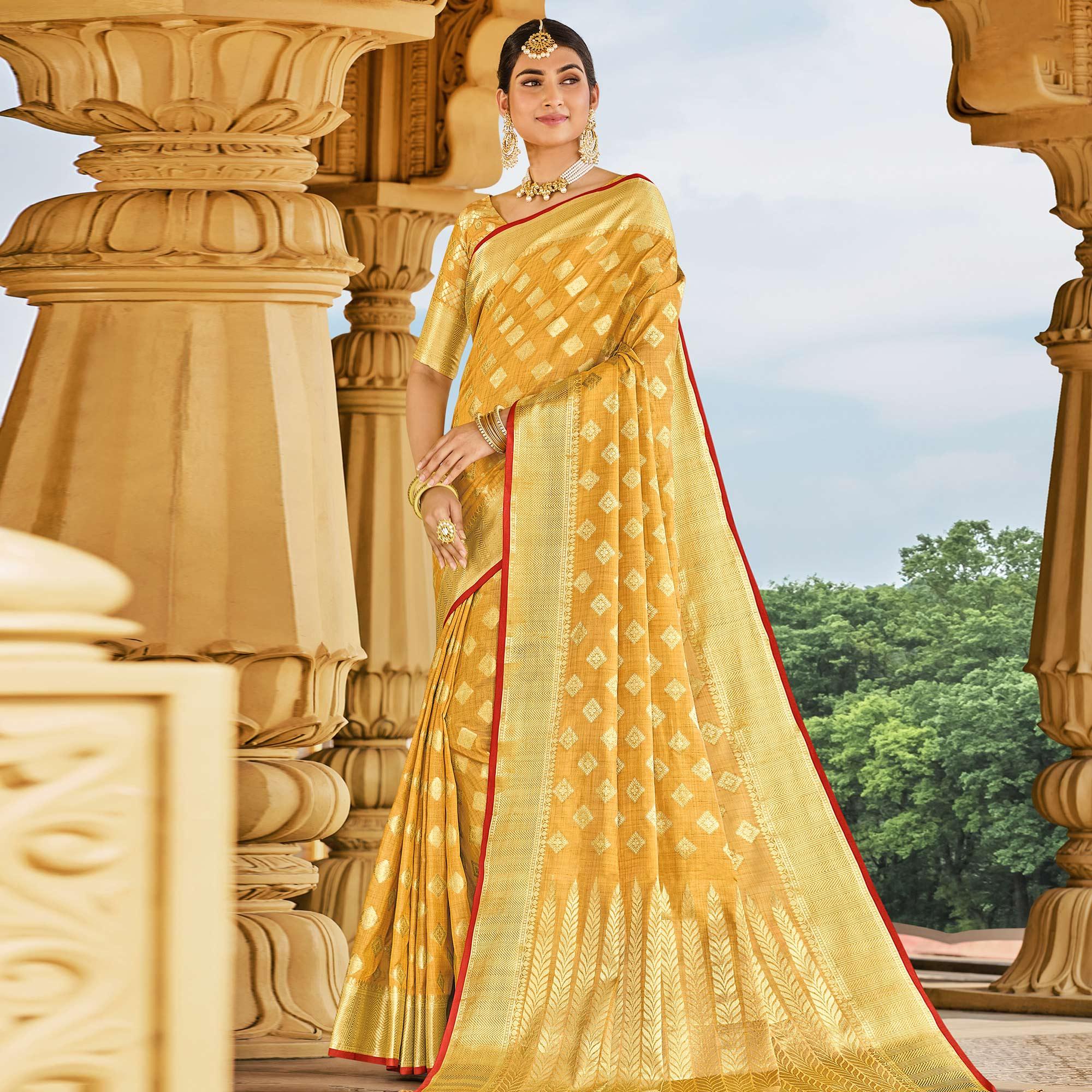 Mustard Festive Wear Woven Cotton Handloom Saree - Peachmode