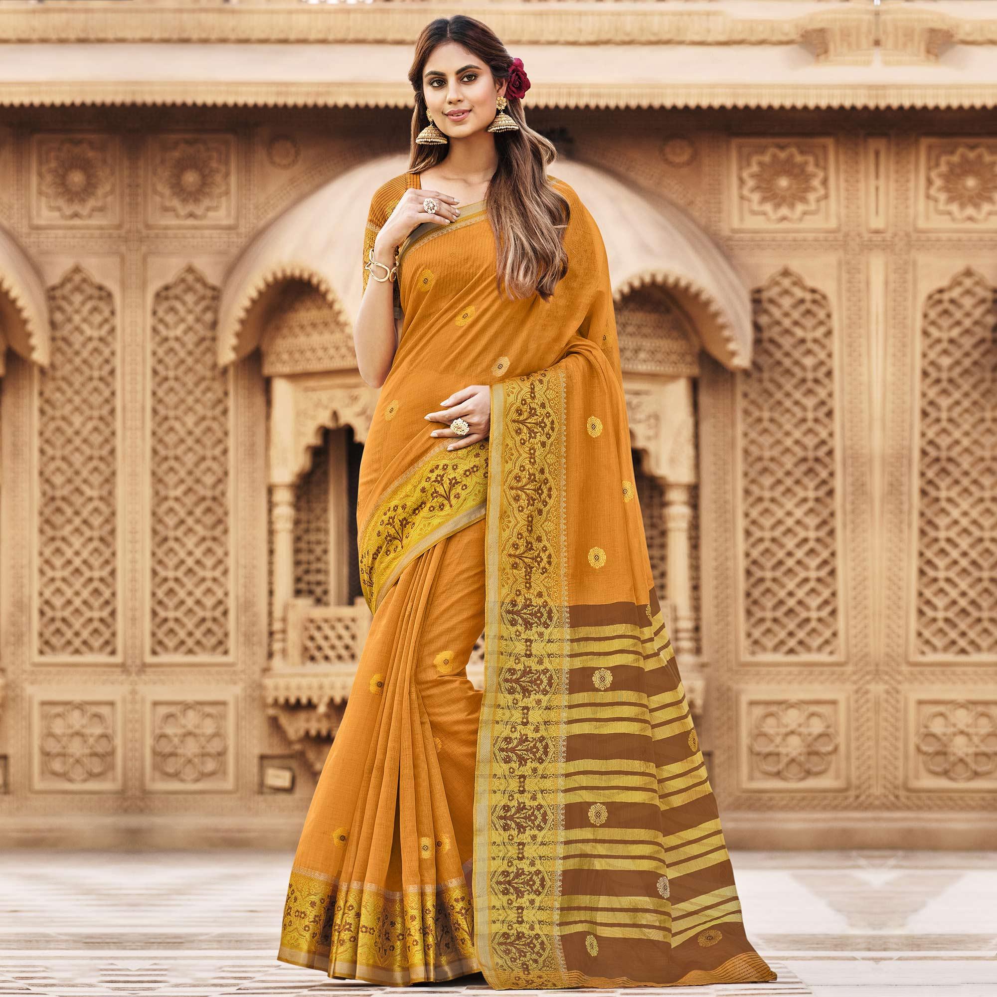 Mustard Festive Wear Woven Cotton Saree - Peachmode