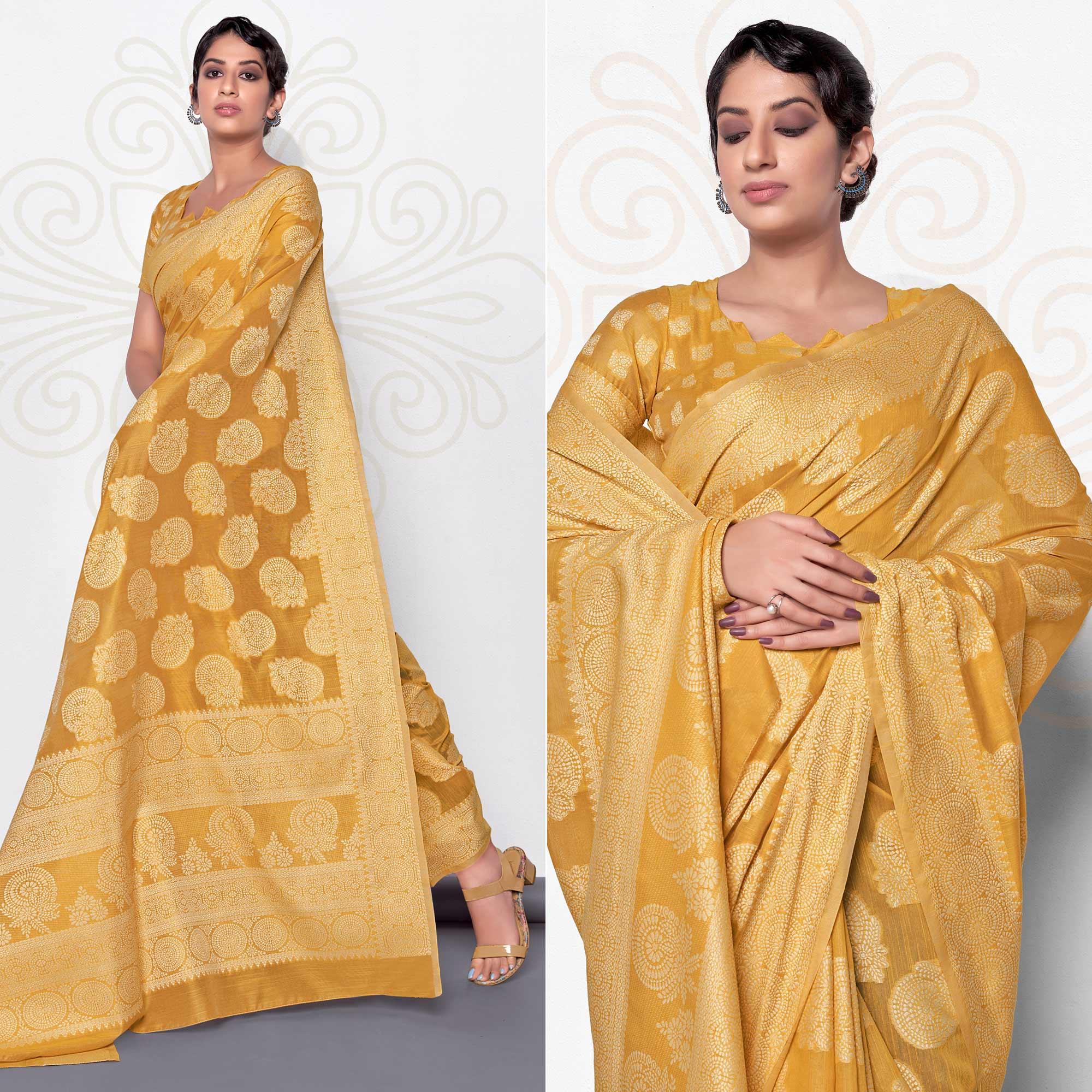Mustard Festive Wear Woven Cotton Saree - Peachmode