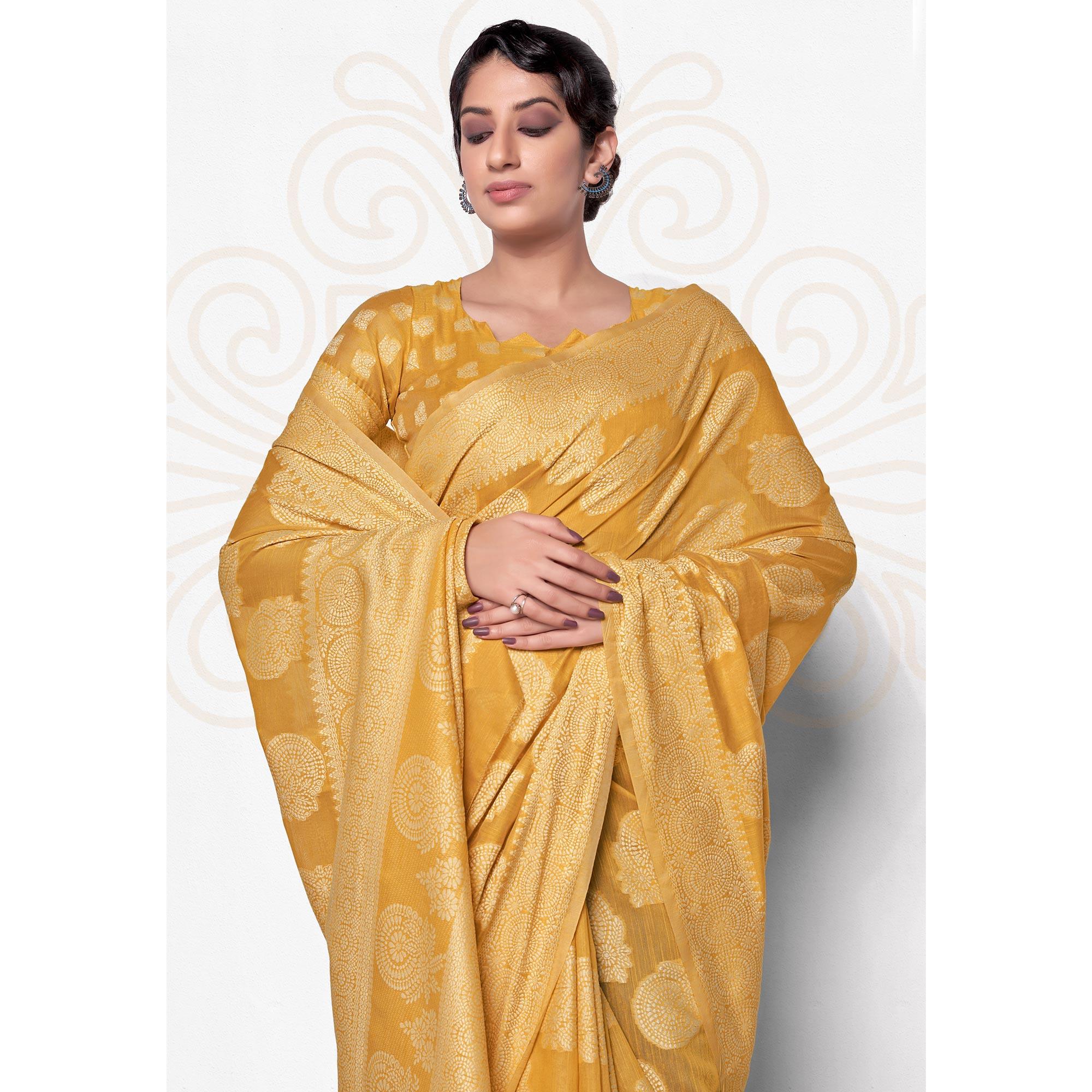 Mustard Festive Wear Woven Cotton Saree - Peachmode