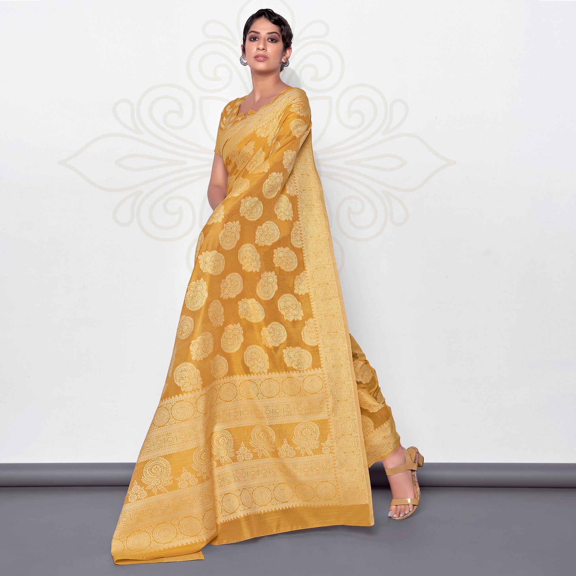 Mustard Festive Wear Woven Cotton Saree - Peachmode