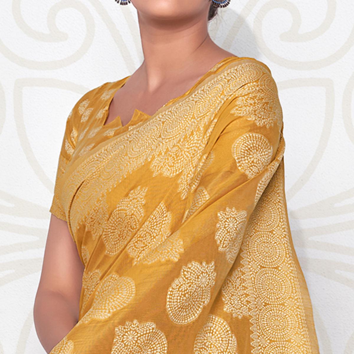 Mustard Festive Wear Woven Cotton Saree - Peachmode
