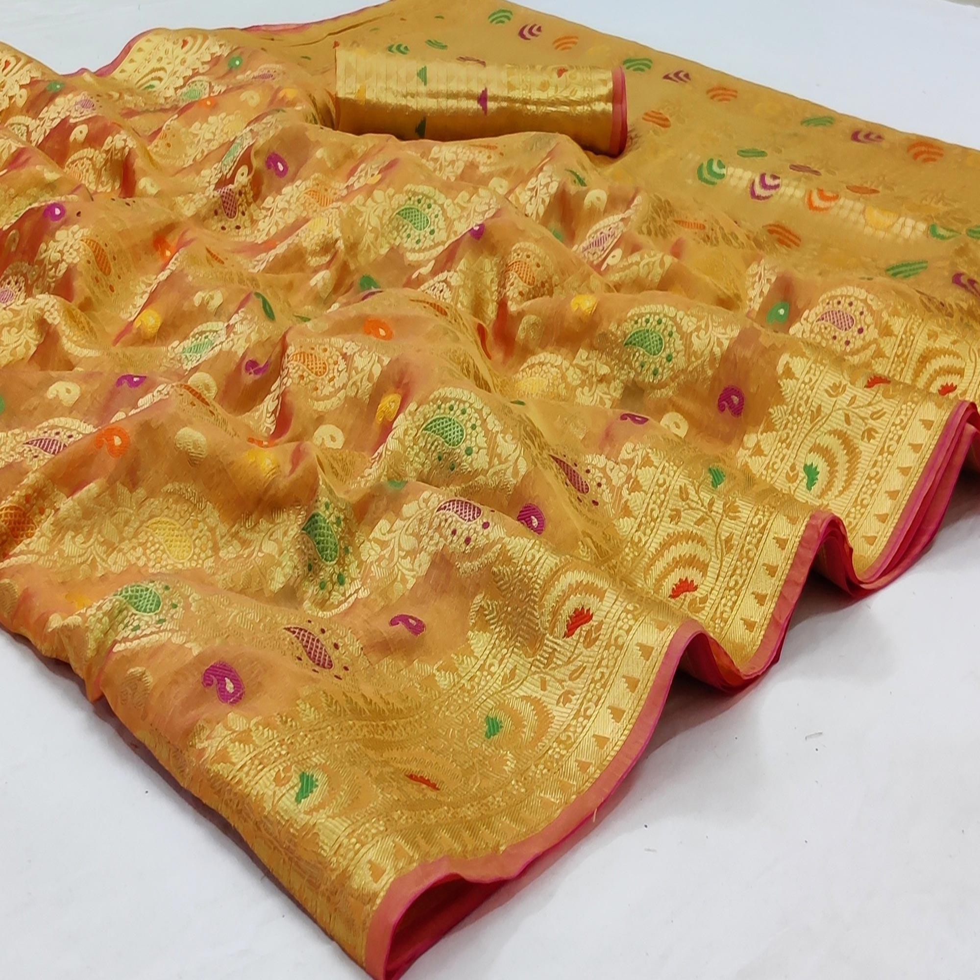 Mustard Festive Wear Woven Organza Saree - Peachmode