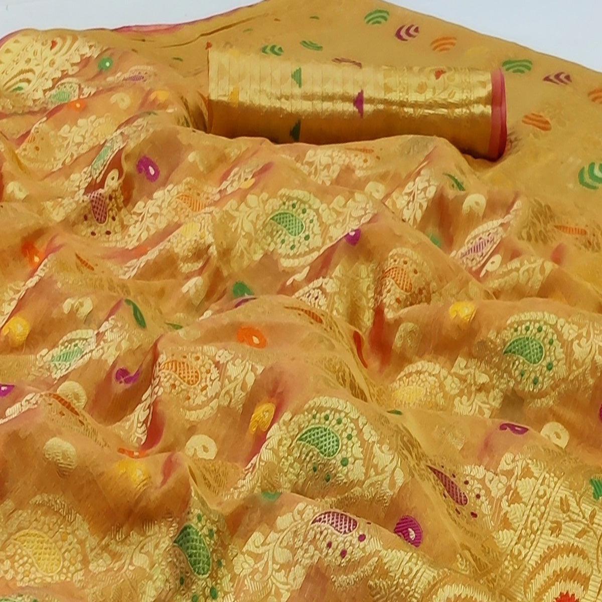 Mustard Festive Wear Woven Organza Saree - Peachmode
