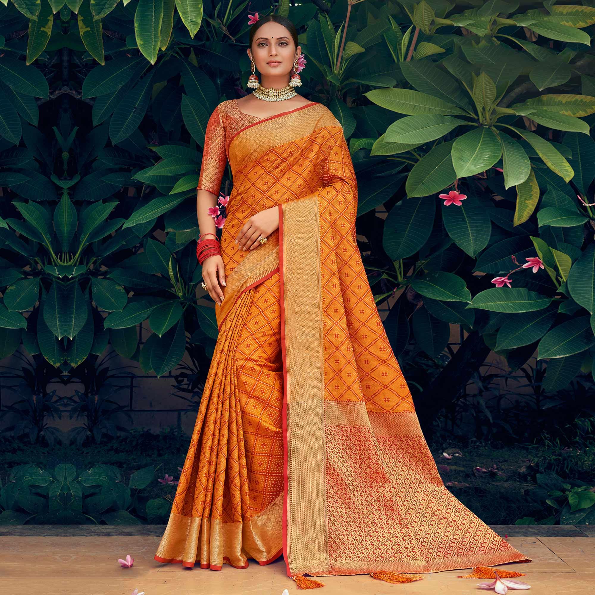Mustard Festive Wear Woven Patola Silk Saree - Peachmode