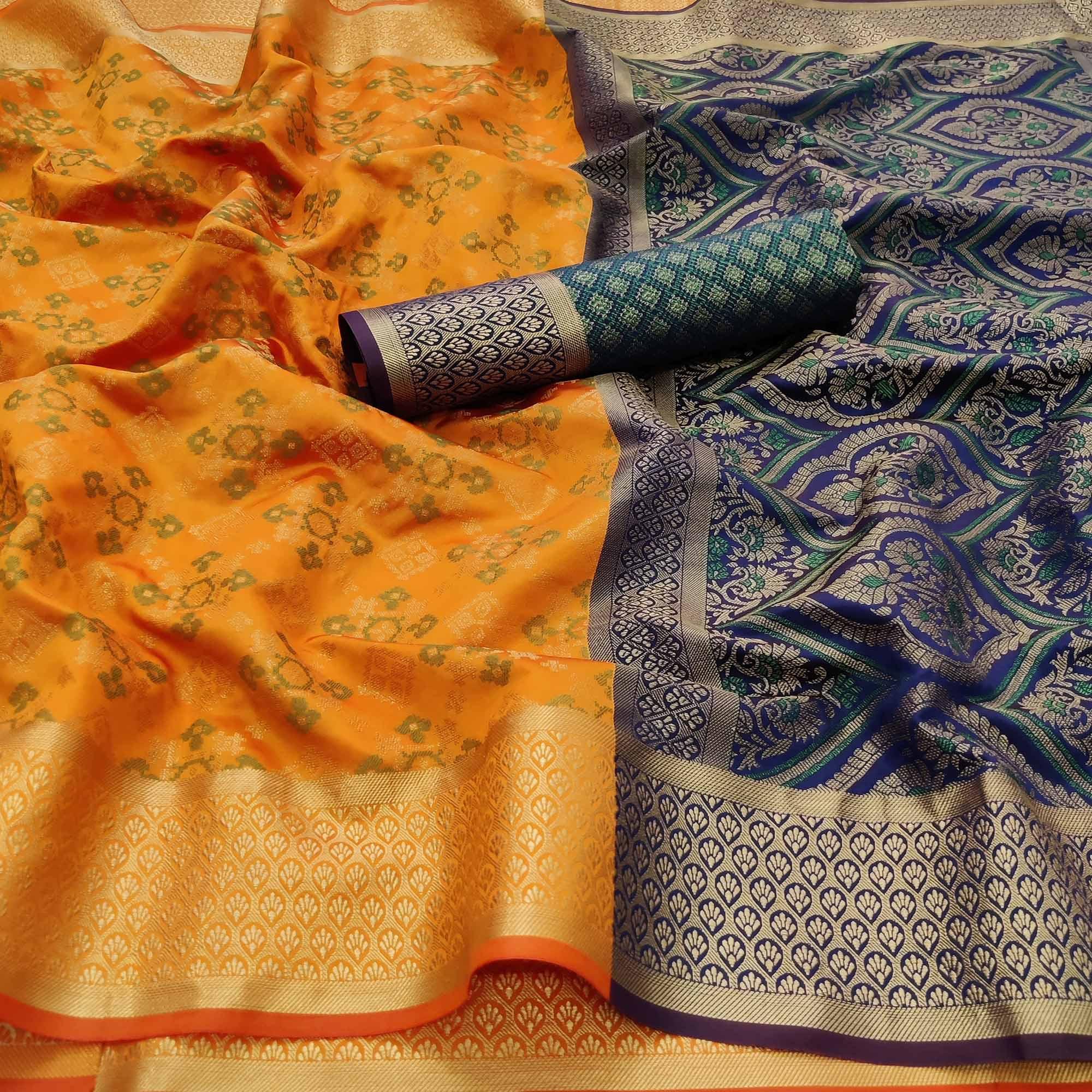 Mustard Festive Wear Woven Patola Silk Saree - Peachmode