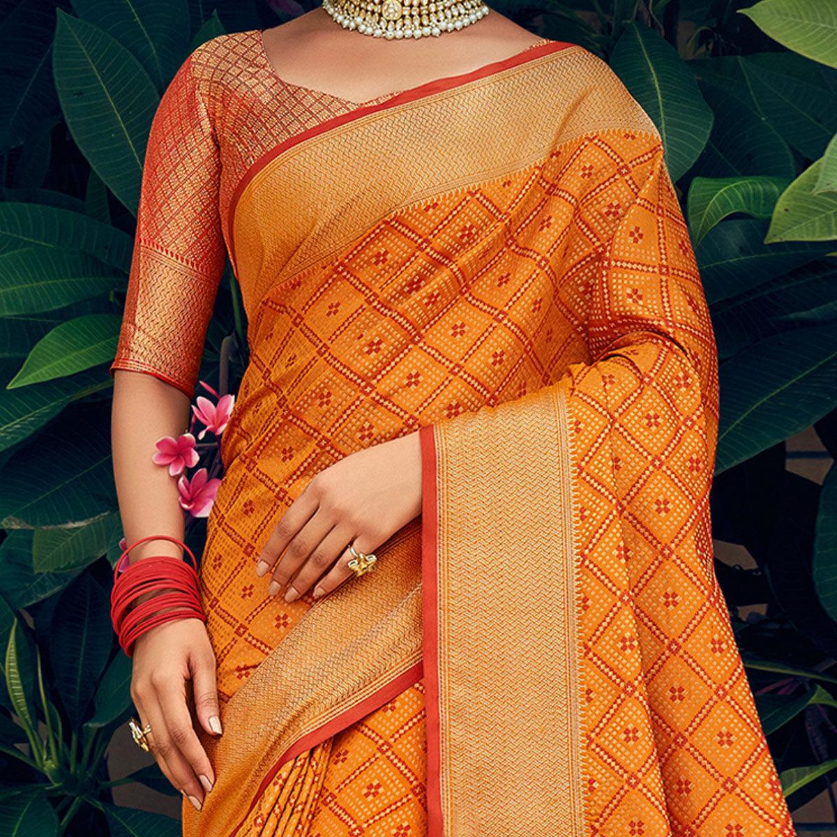 Mustard Festive Wear Woven Patola Silk Saree - Peachmode