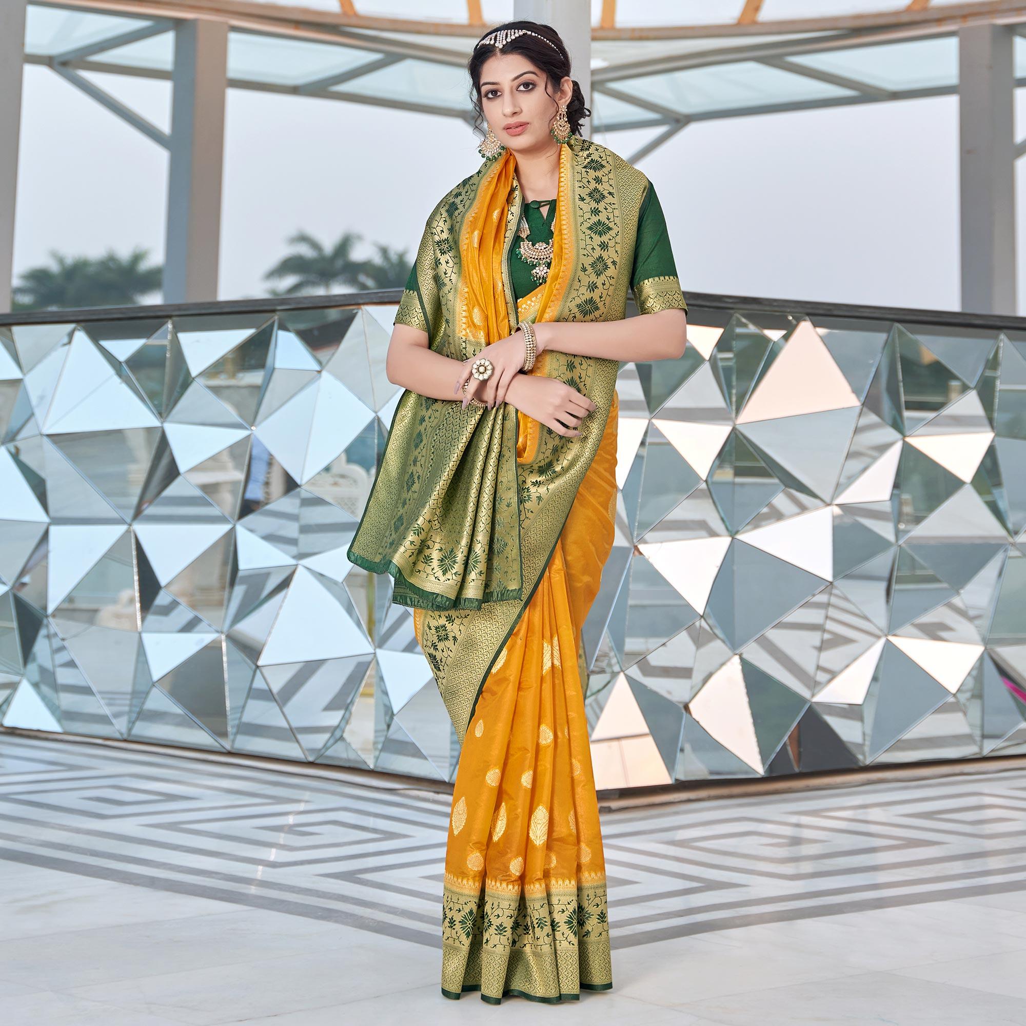 Mustard Festive Wear Woven Silk Organza Saree - Peachmode