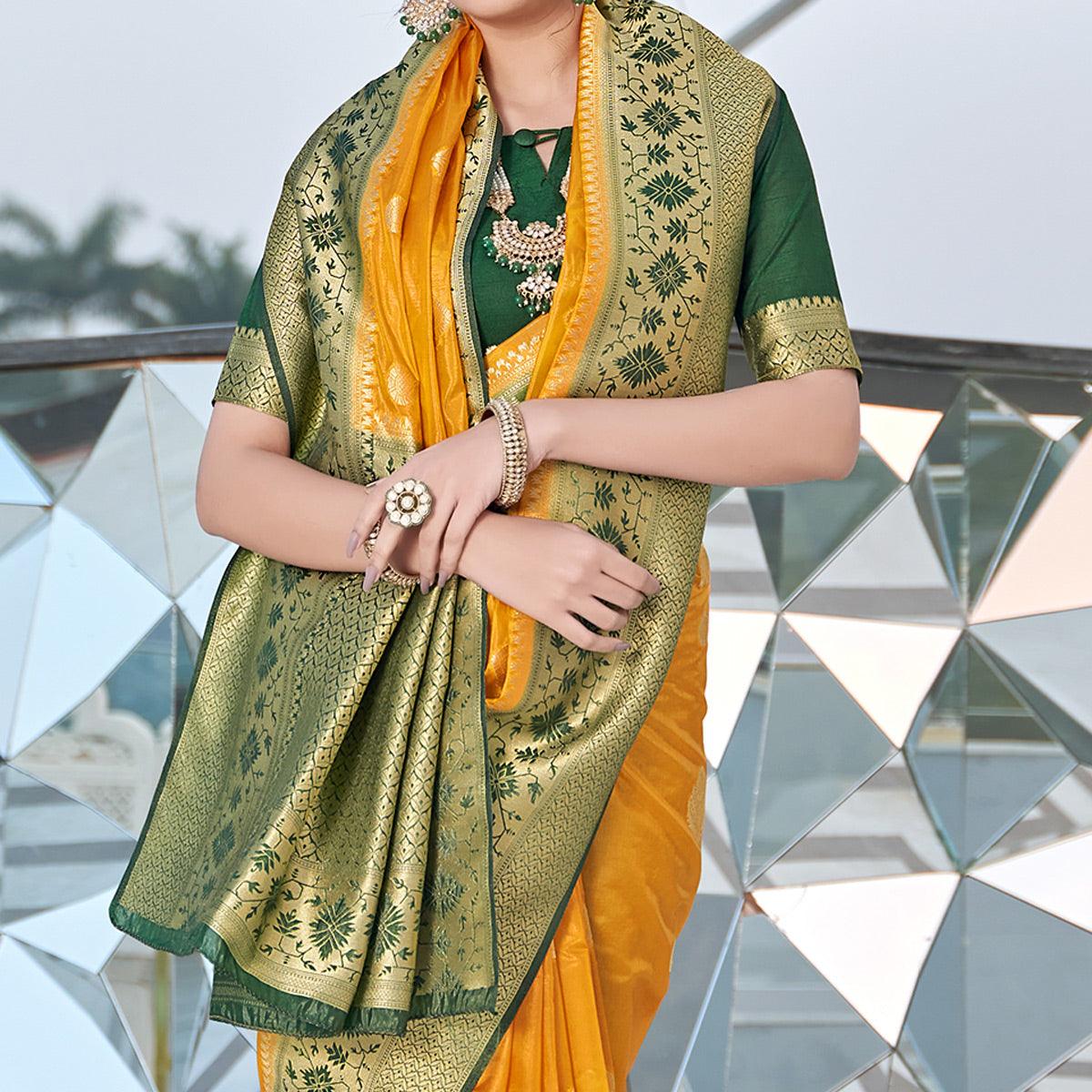 Mustard Festive Wear Woven Silk Organza Saree - Peachmode