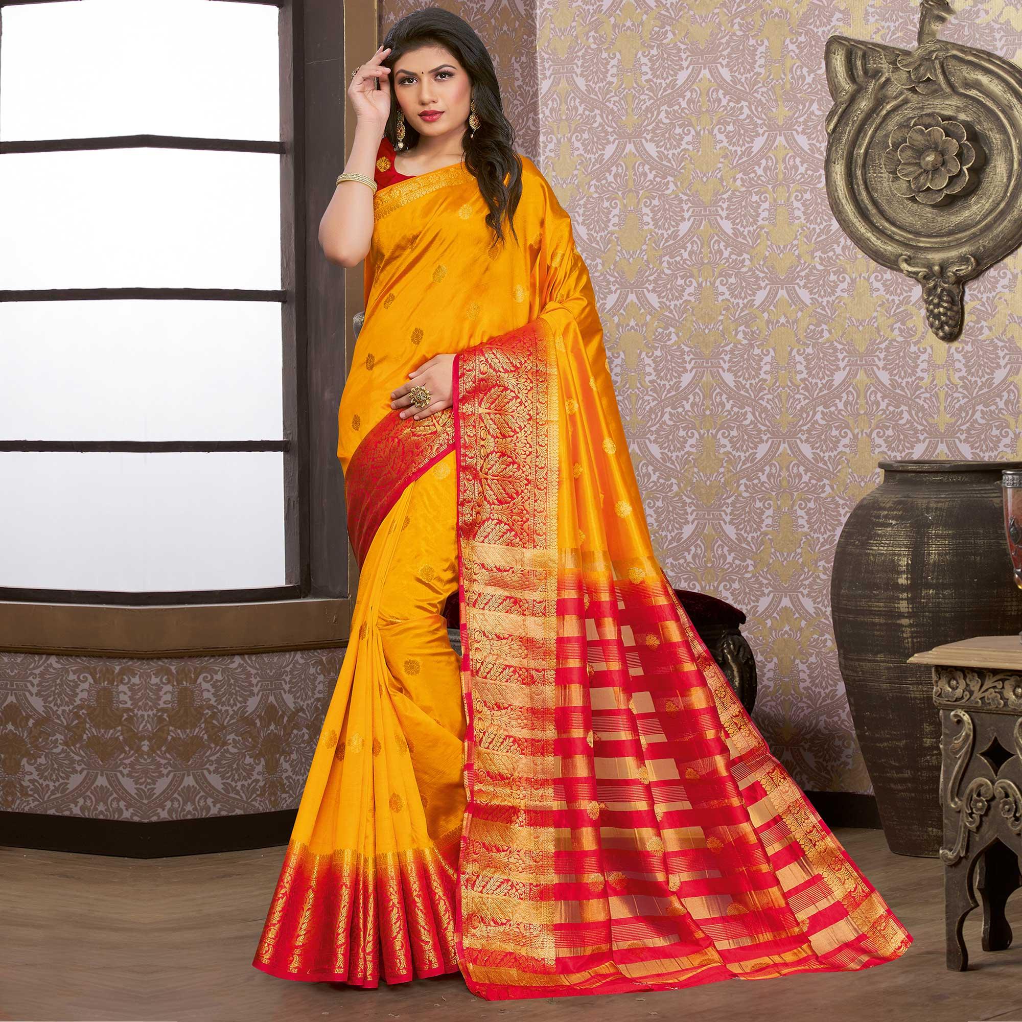 Mustard Festive Wear Woven Silk Saree - Peachmode
