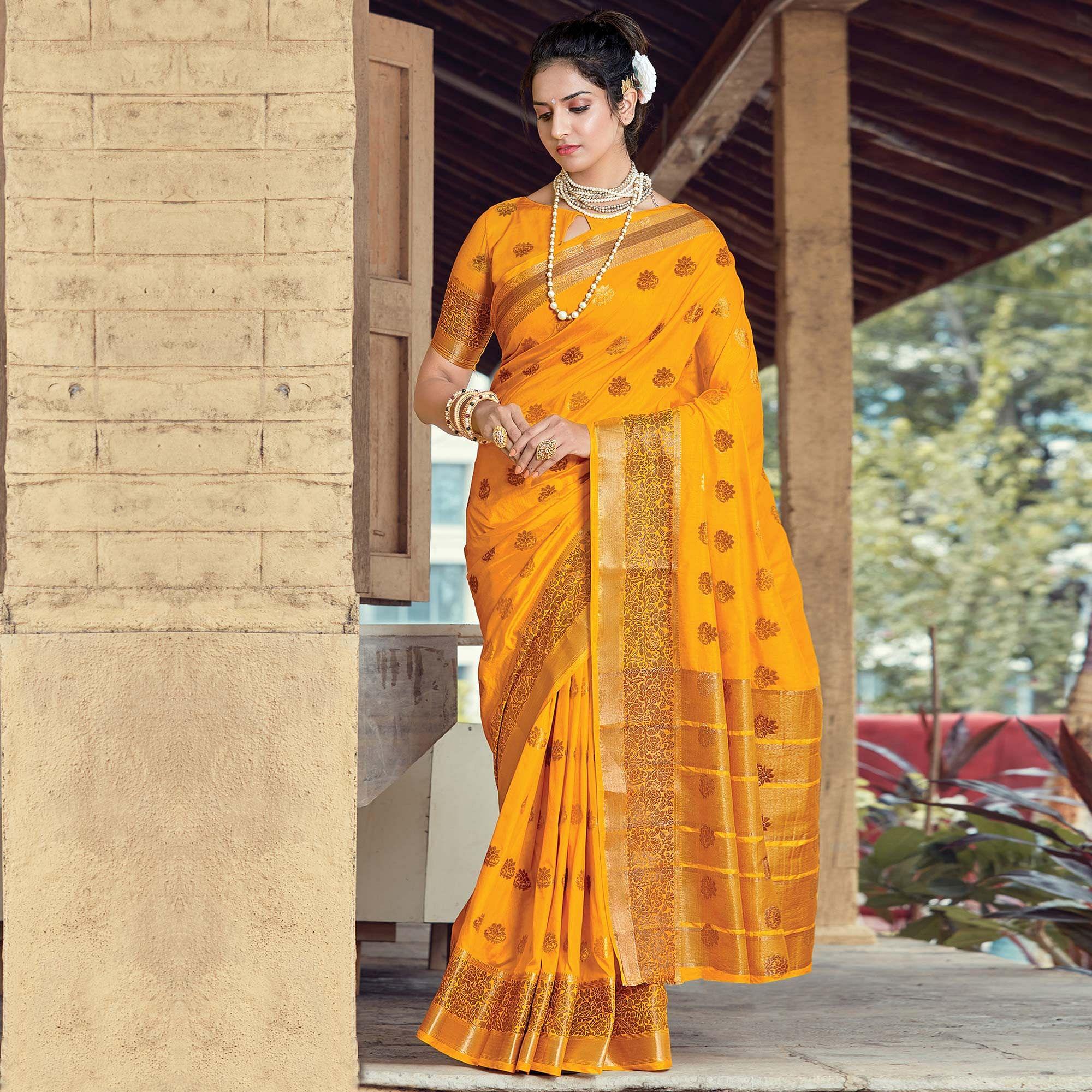 Mustard Festive Wear Woven Silk Saree - Peachmode