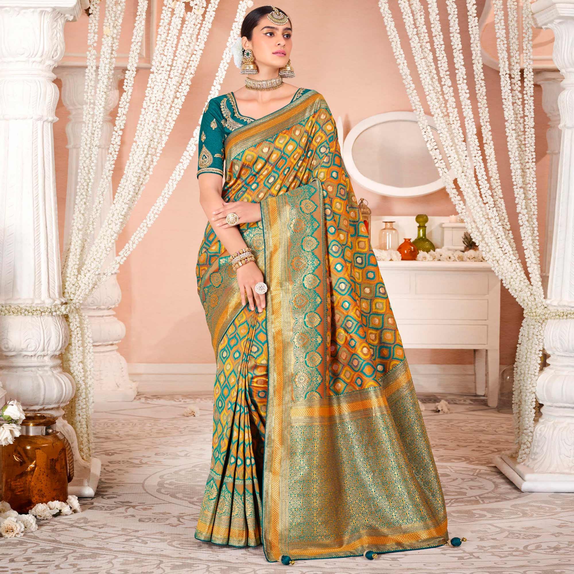 Mustard Festive Wear Woven Silk Saree - Peachmode