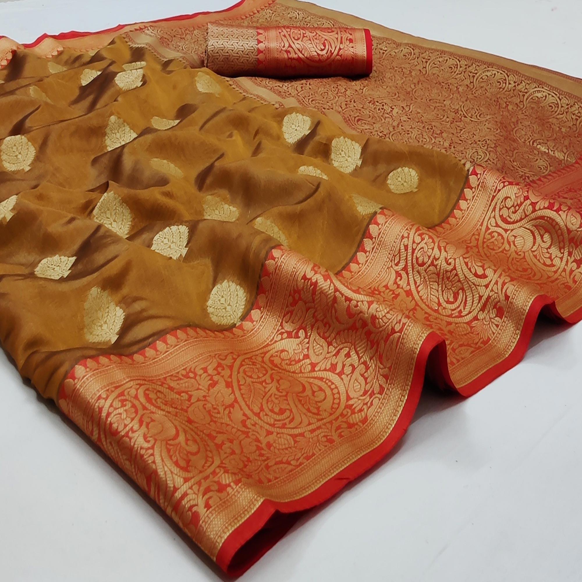 Mustard Festive Wear Woven Silk Saree - Peachmode