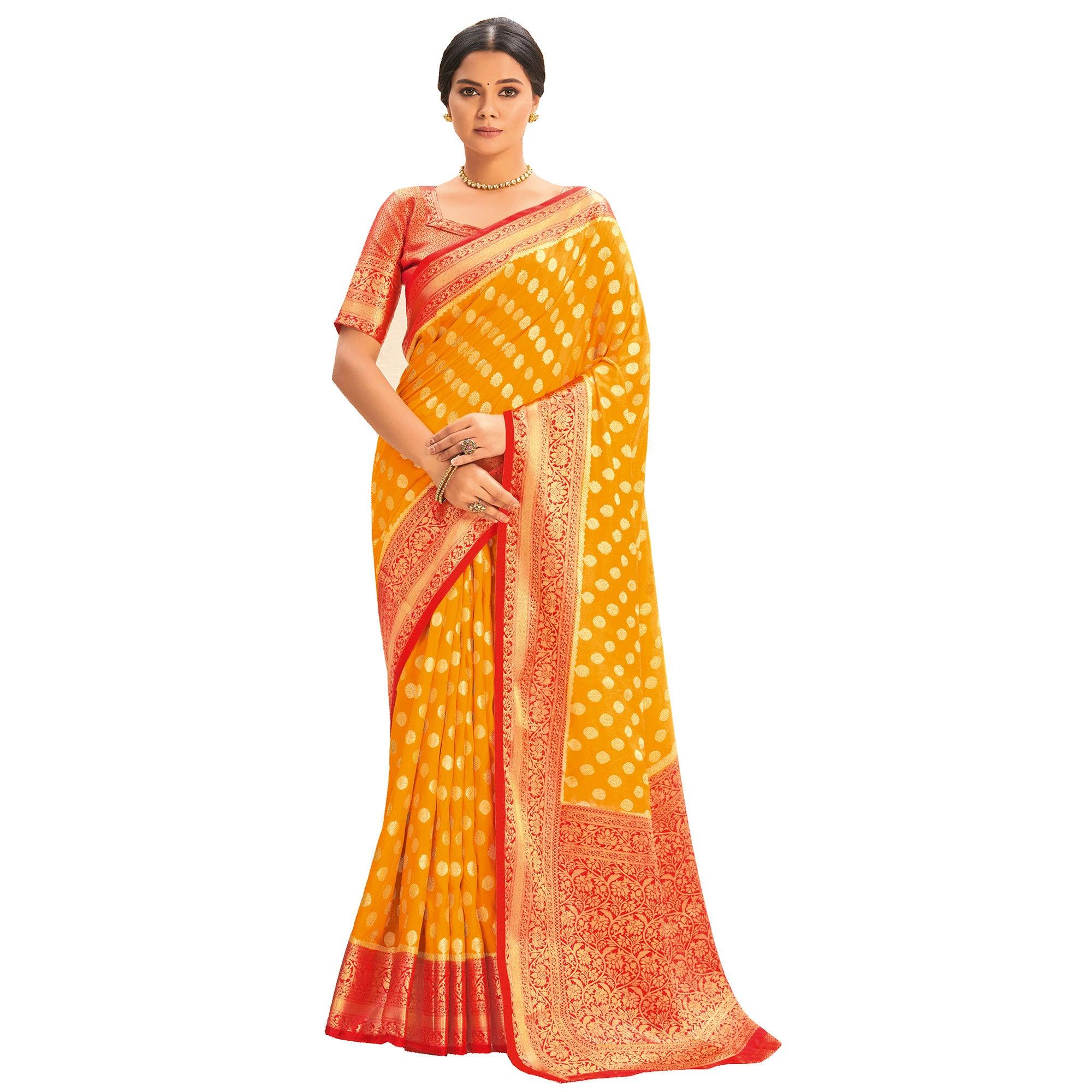 Mustard Festive Wear Woven Silk Saree - Peachmode