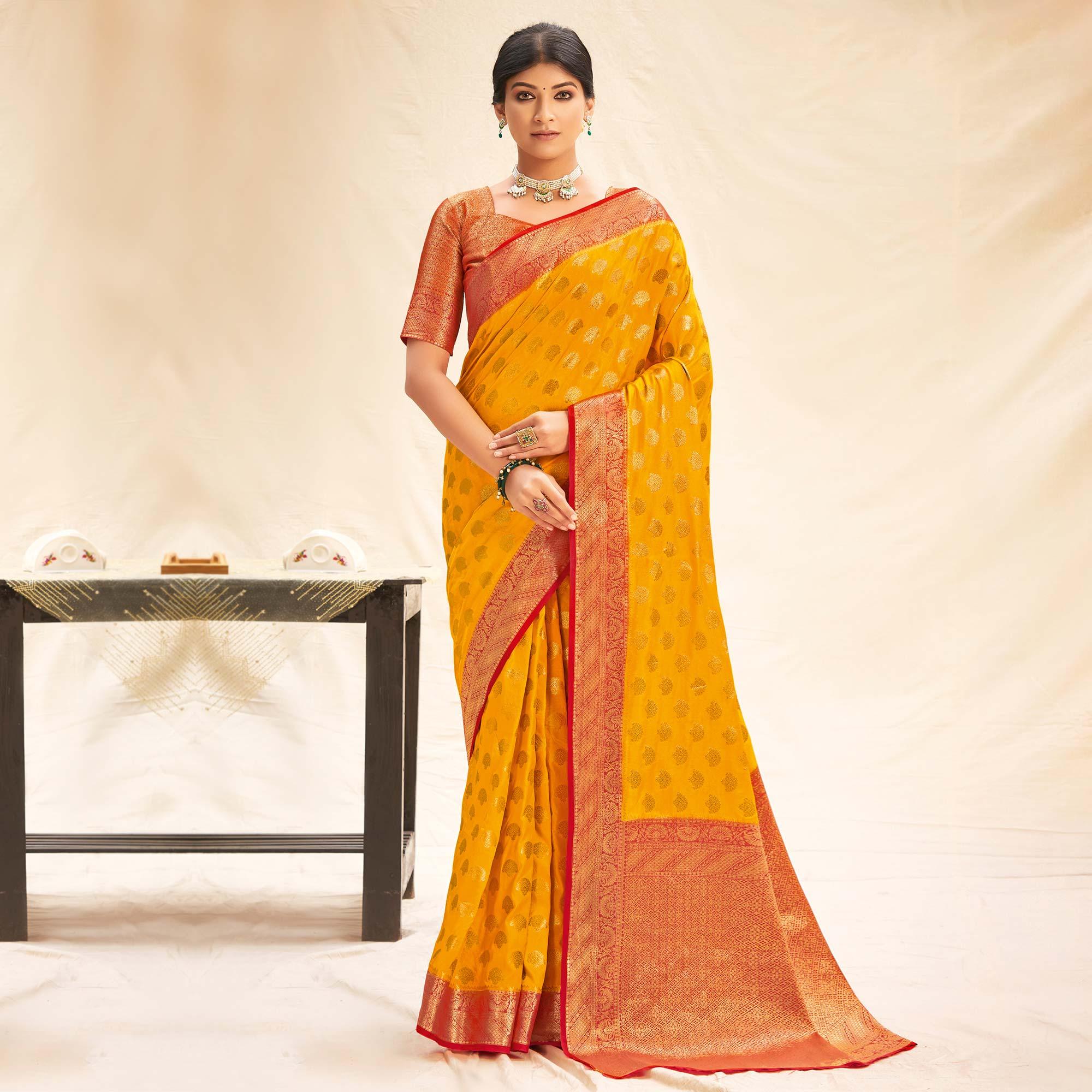 Mustard Festive Wear Woven Silk Saree - Peachmode