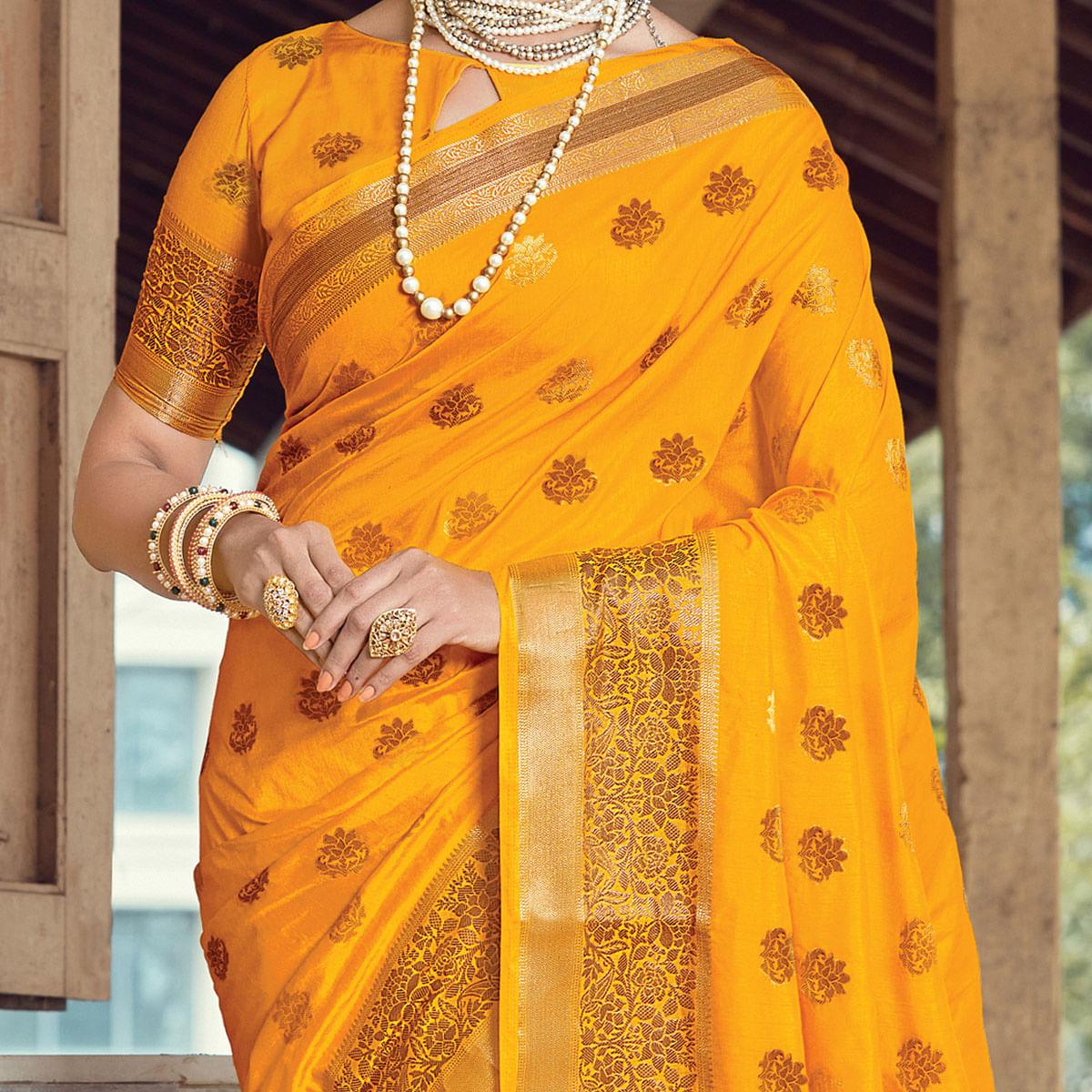 Mustard Festive Wear Woven Silk Saree - Peachmode