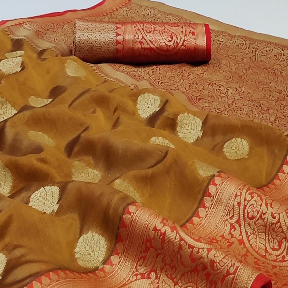 Mustard Festive Wear Woven Silk Saree - Peachmode