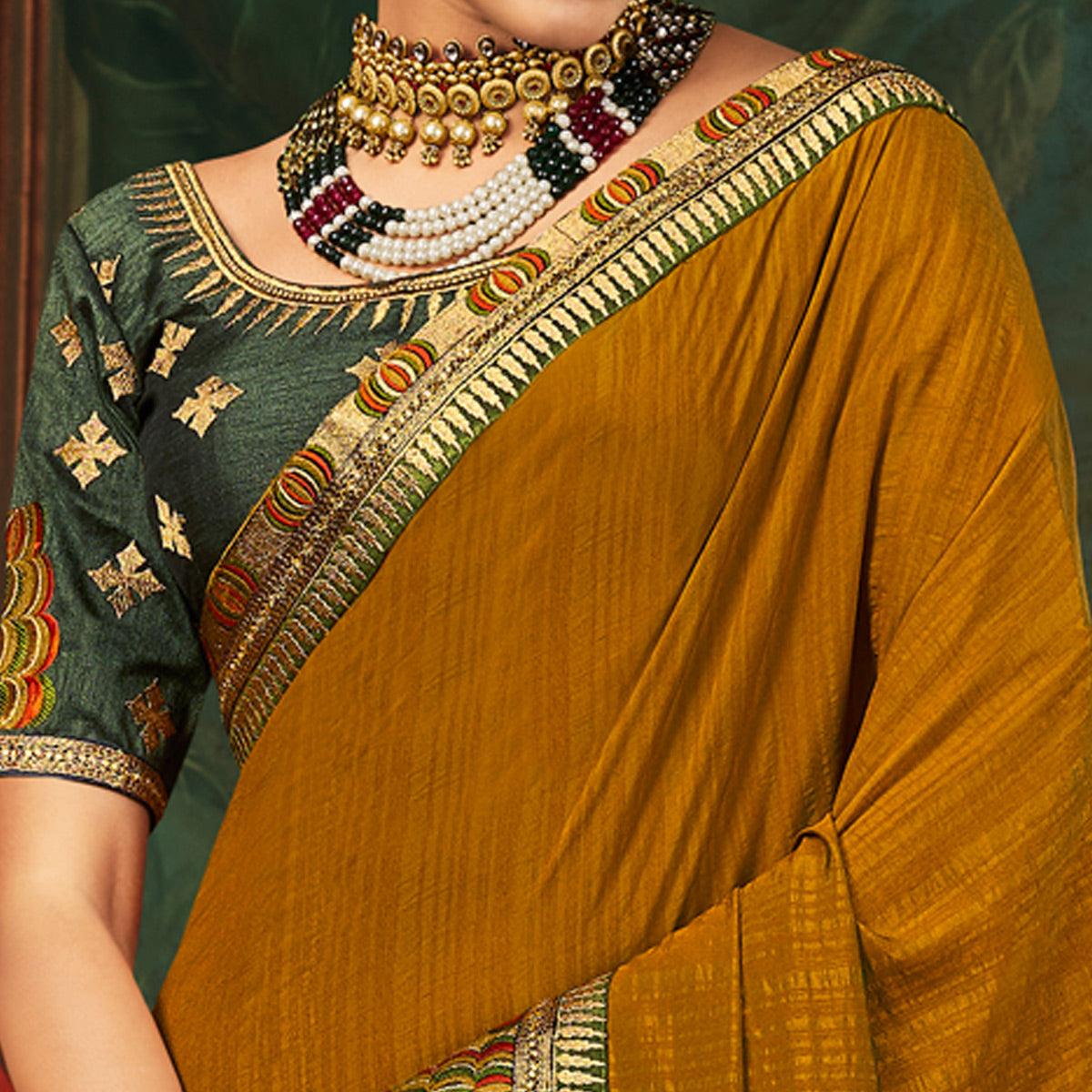 Mustard Festive Wear Woven Silk Saree - Peachmode