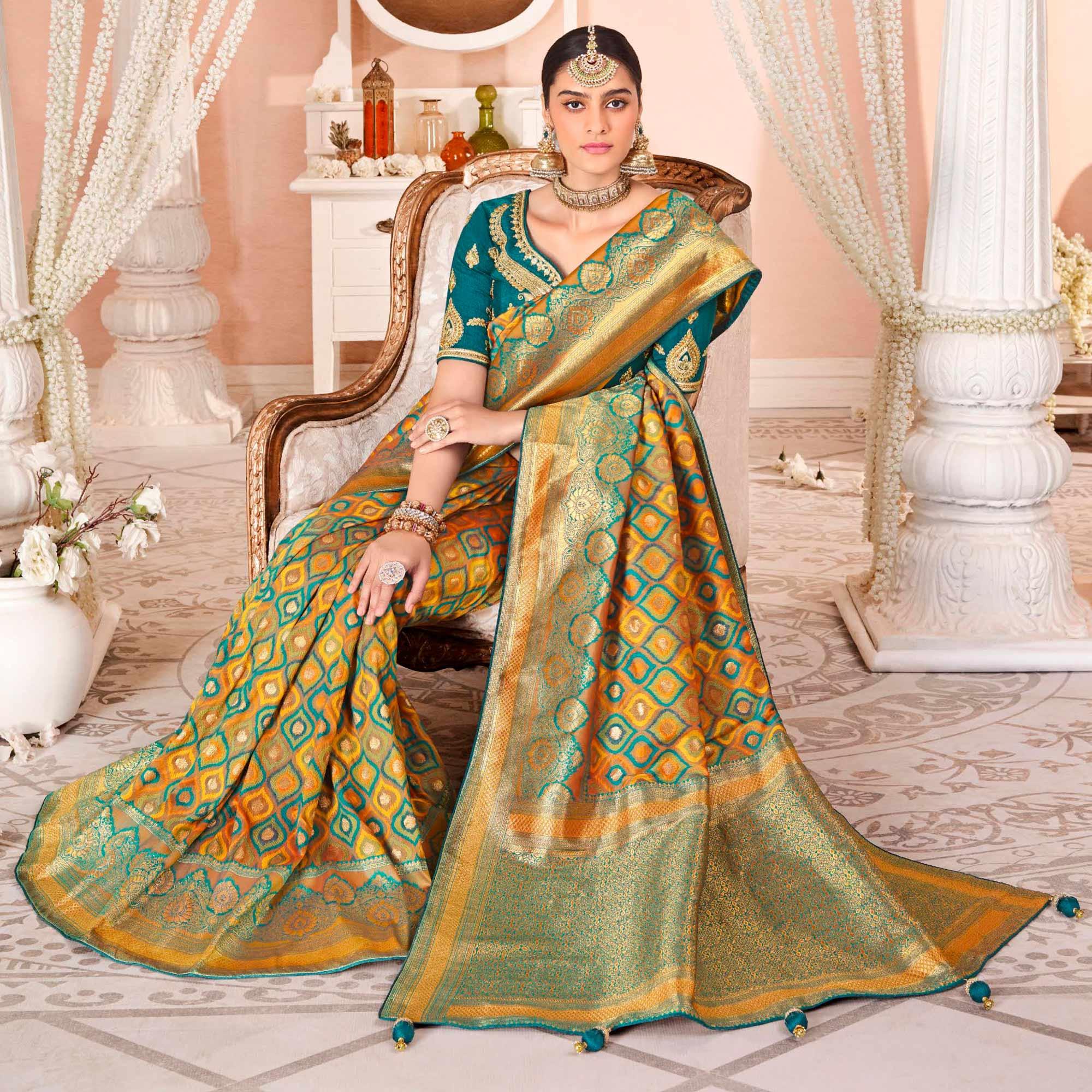 Mustard Festive Wear Woven Silk Saree - Peachmode