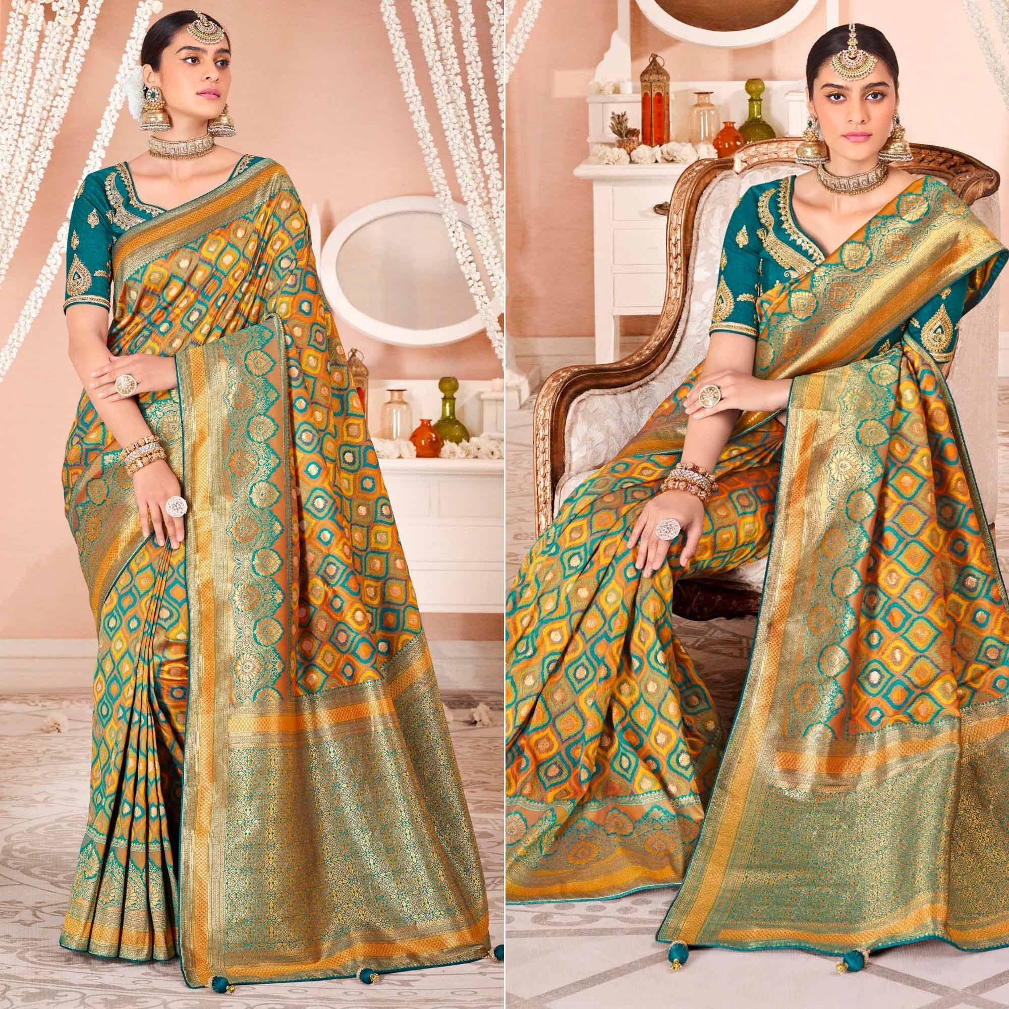 Mustard Festive Wear Woven Silk Saree - Peachmode