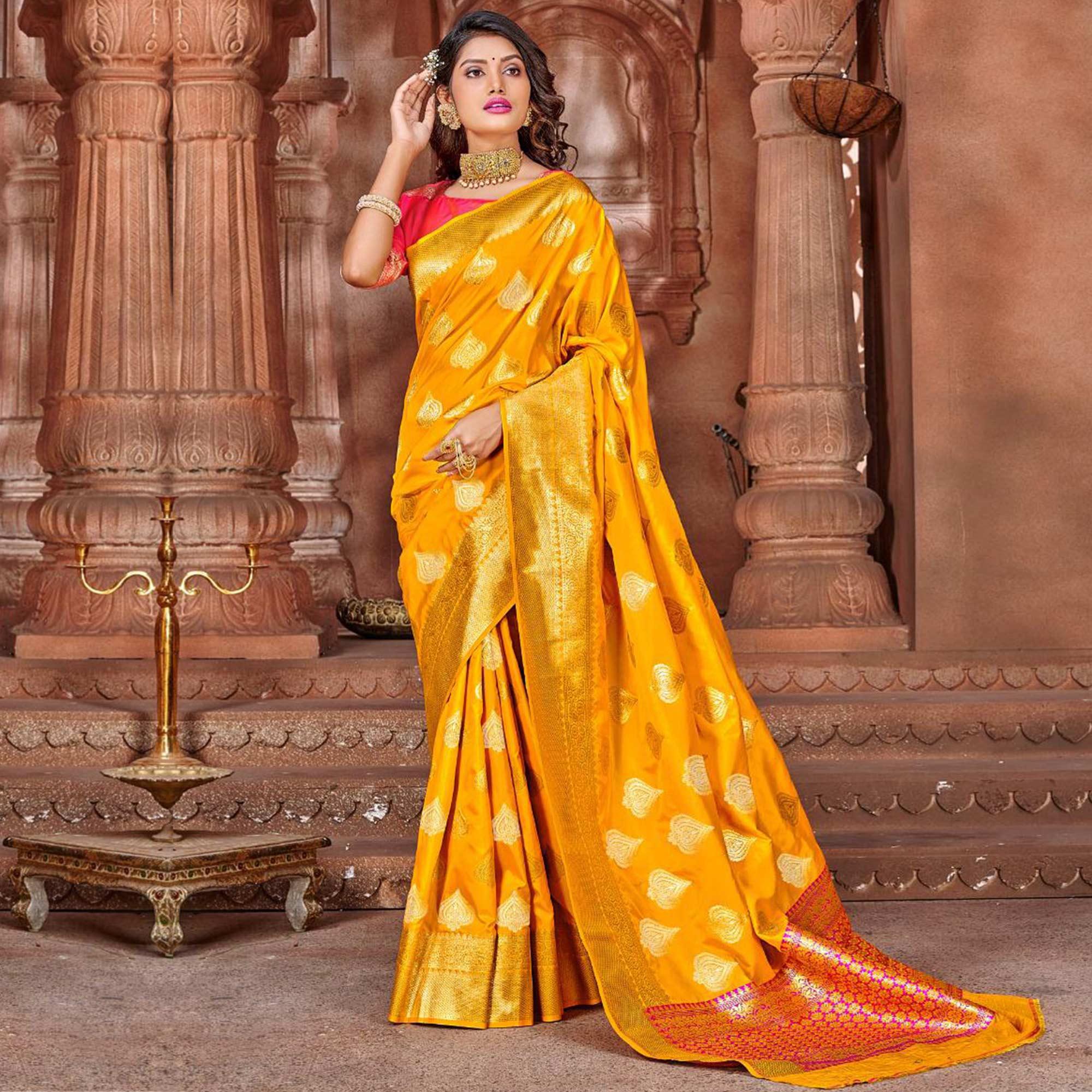 Mustard Festive Wear Woven Soft Silk Saree - Peachmode