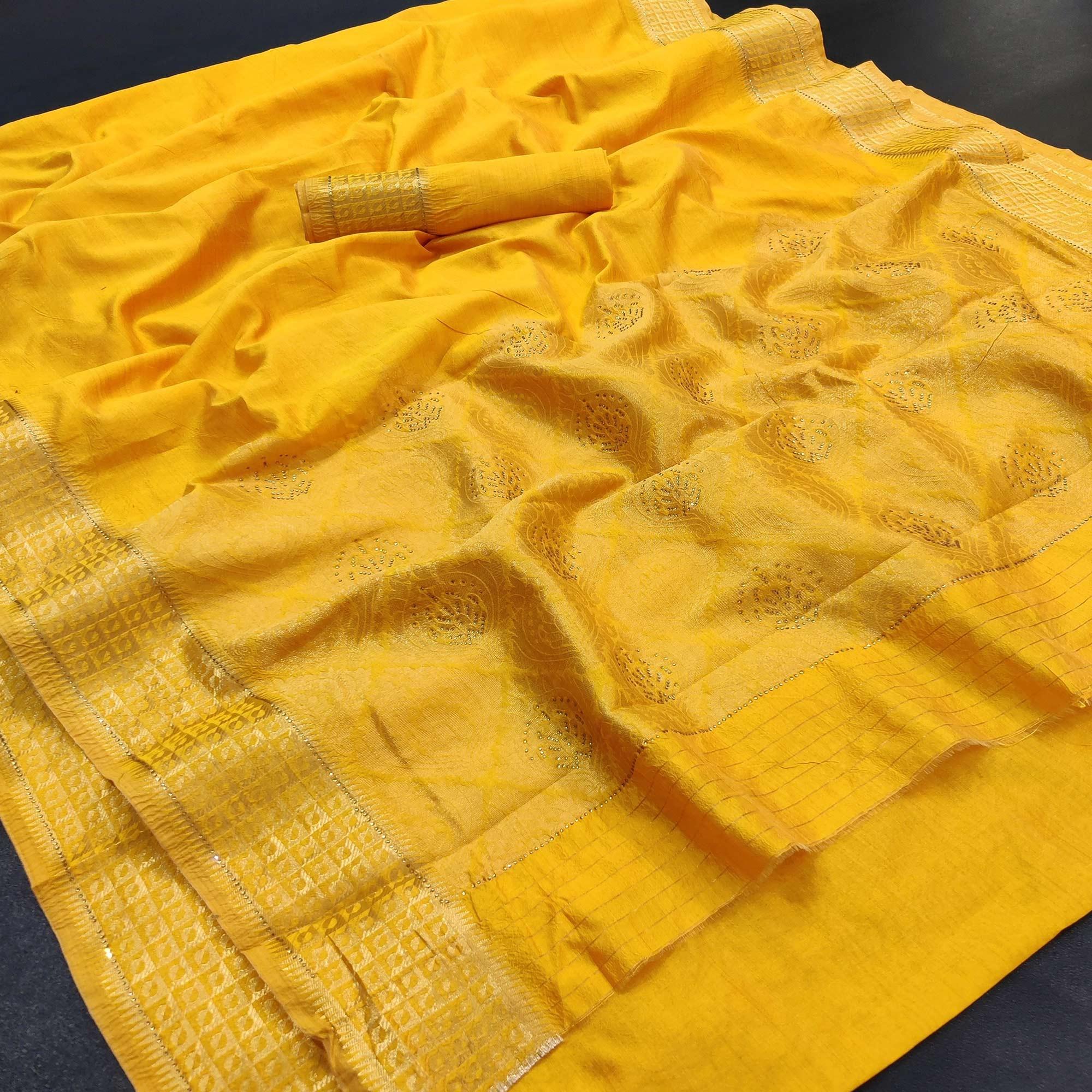 Mustard Festive Wear Woven With Stone Work Silk Saree - Peachmode