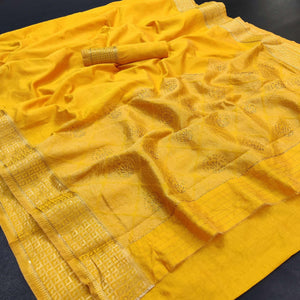 Mustard Festive Wear Woven With Stone Work Silk Saree - Peachmode