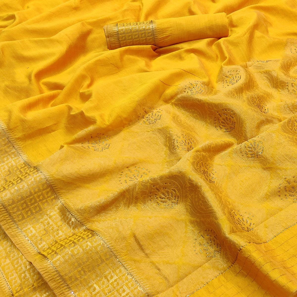 Mustard Festive Wear Woven With Stone Work Silk Saree - Peachmode