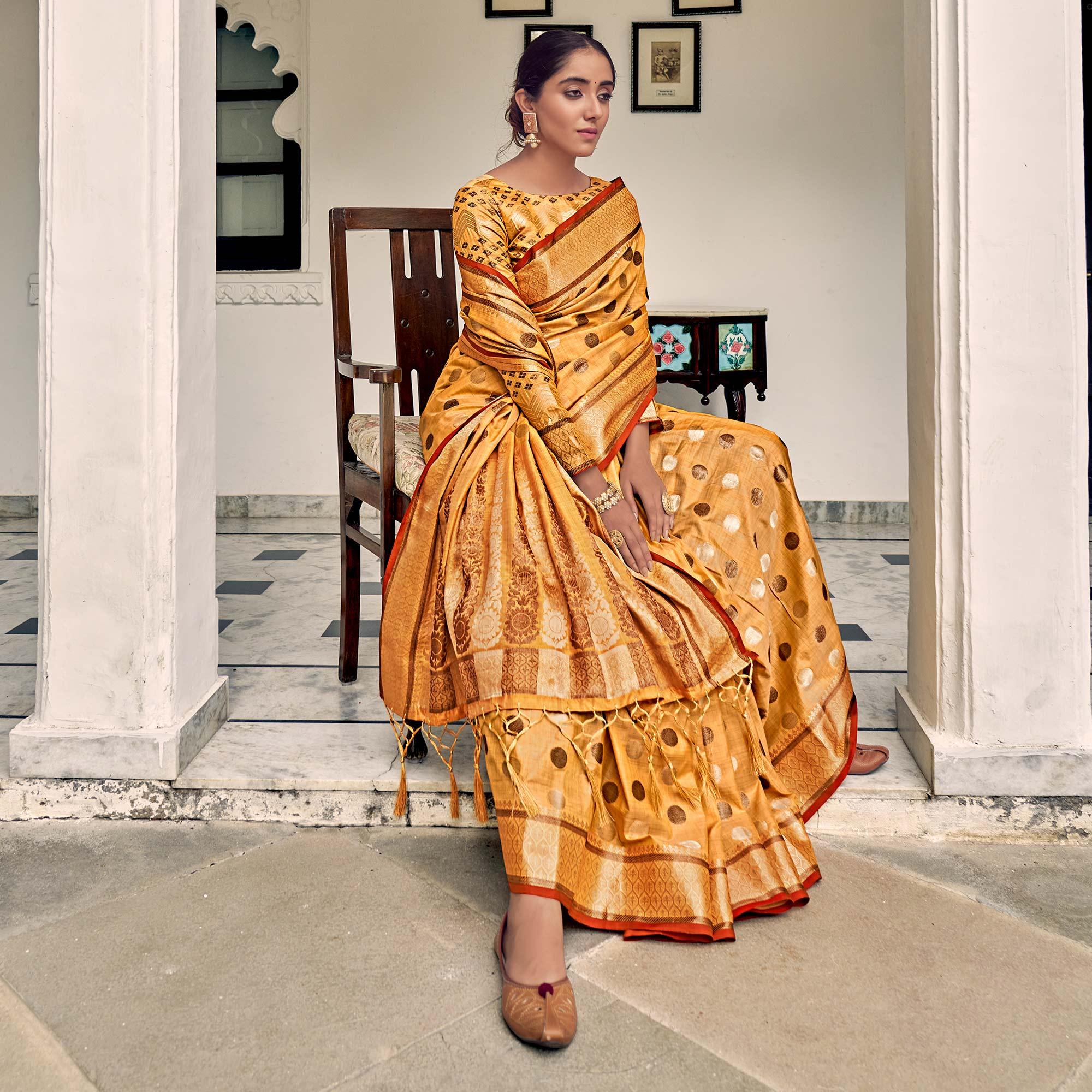 Mustard Festive Wear Zari Woven Soft Ghichaa Silk Saree - Peachmode