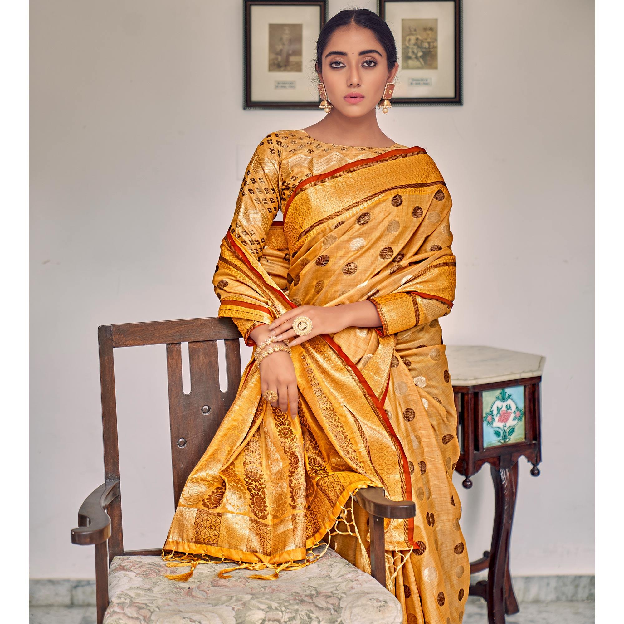 Mustard Festive Wear Zari Woven Soft Ghichaa Silk Saree - Peachmode