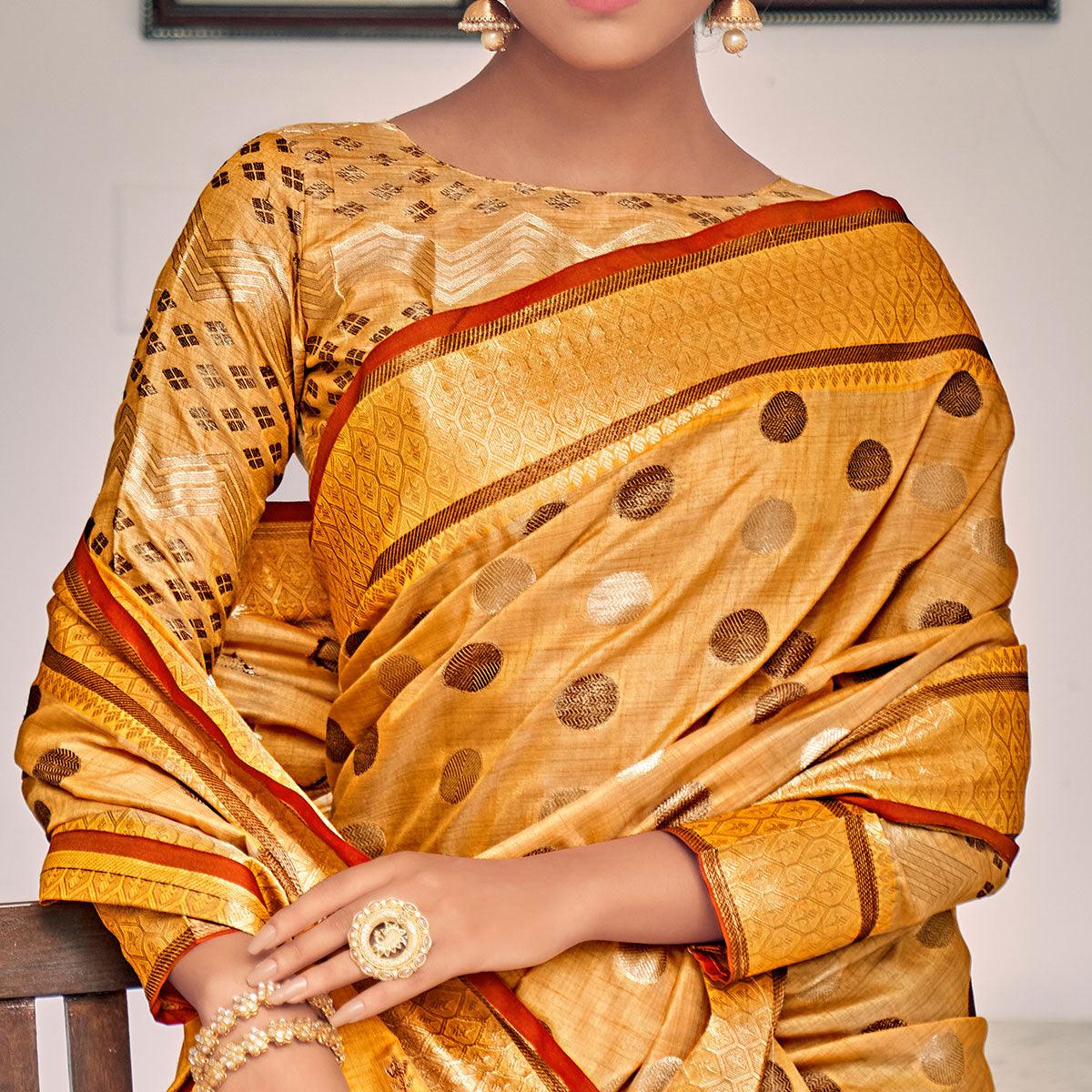 Mustard Festive Wear Zari Woven Soft Ghichaa Silk Saree - Peachmode