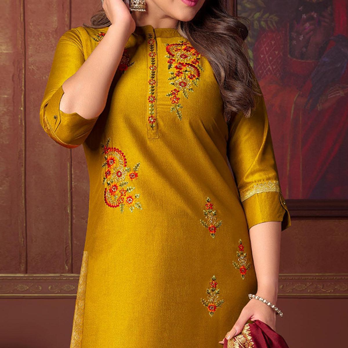 Mustard Floral Embroidered Art Silk Kurti Pant Set With Dupatta - Peachmode