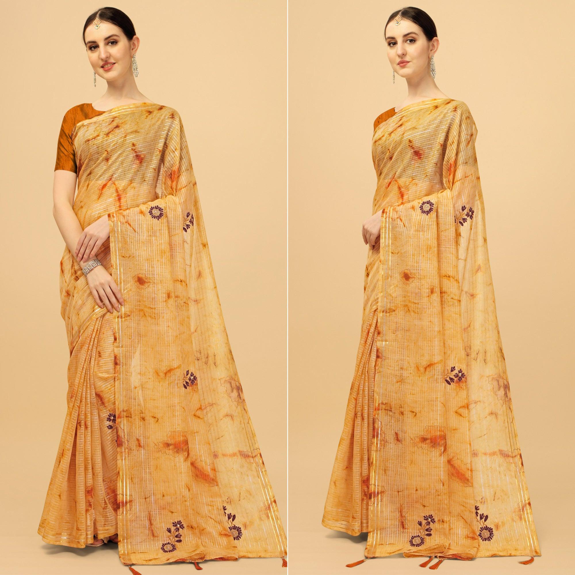 Mustard Floral Embroidered Chiffon Saree - Peachmode