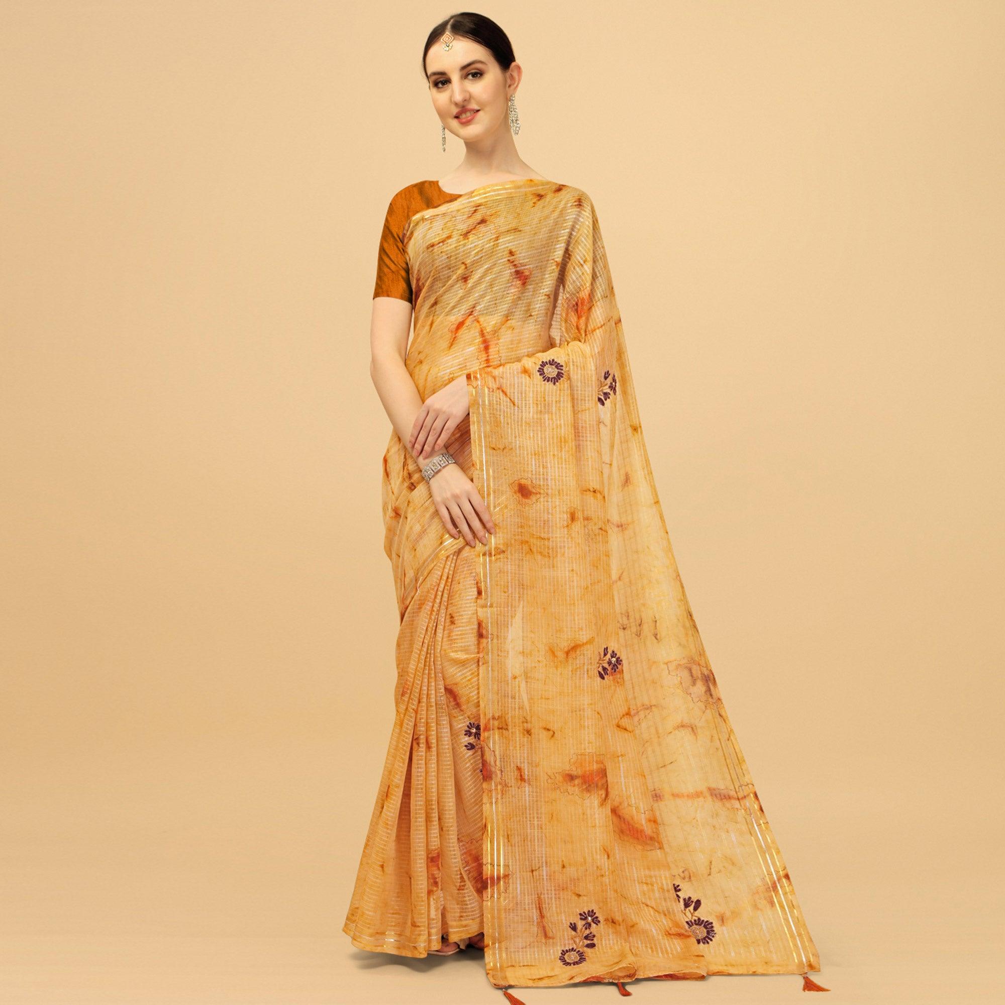 Mustard Floral Embroidered Chiffon Saree - Peachmode